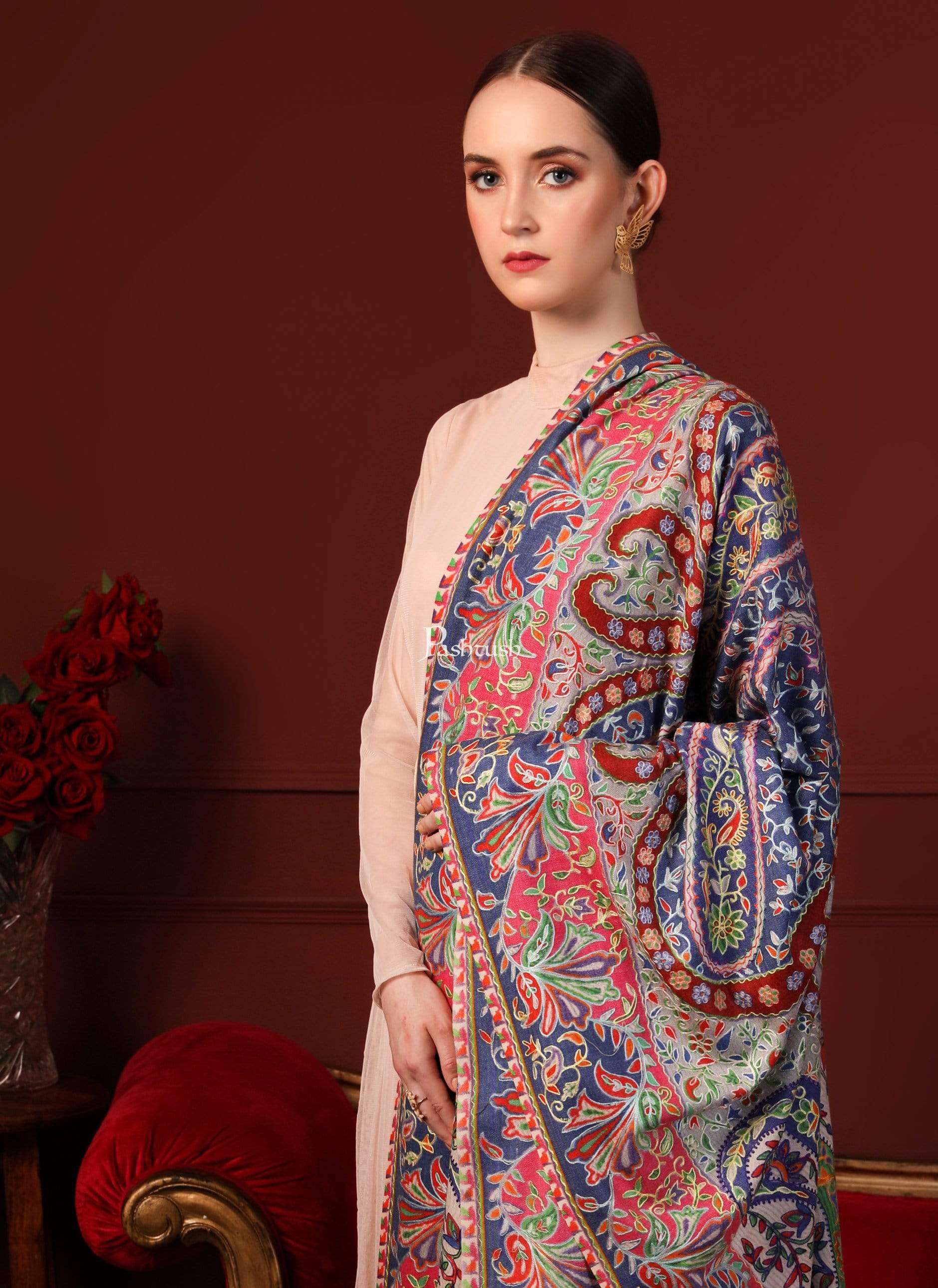 Pashtush Womens Pure Wool, Hand Embroidered Kalamkari Shawl, With Woolmark Certificate - Image 5