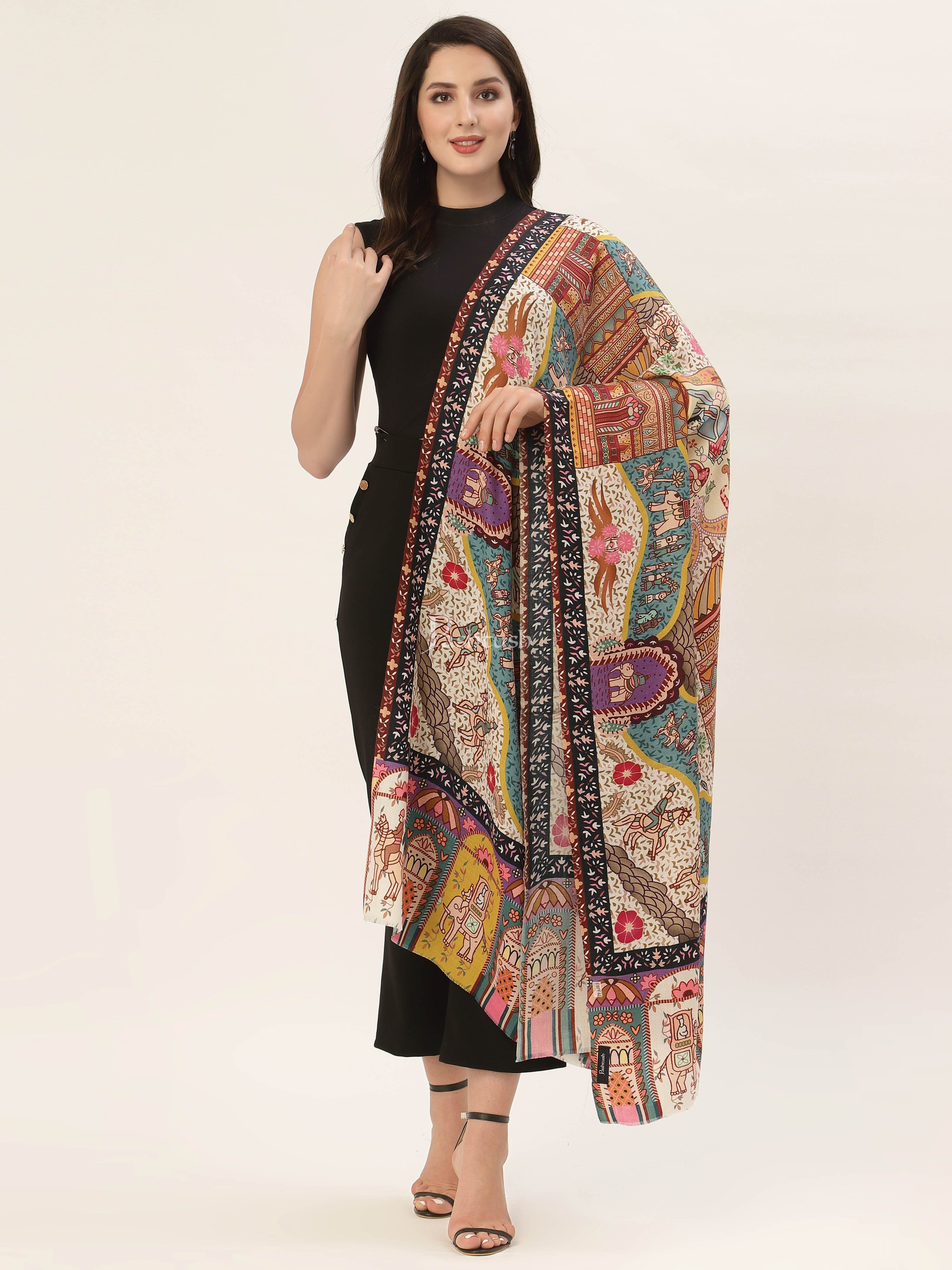 Pashtush Womens, Pure Wool, Printed Darbar Shawl, Woolmark Certified. - Image 6