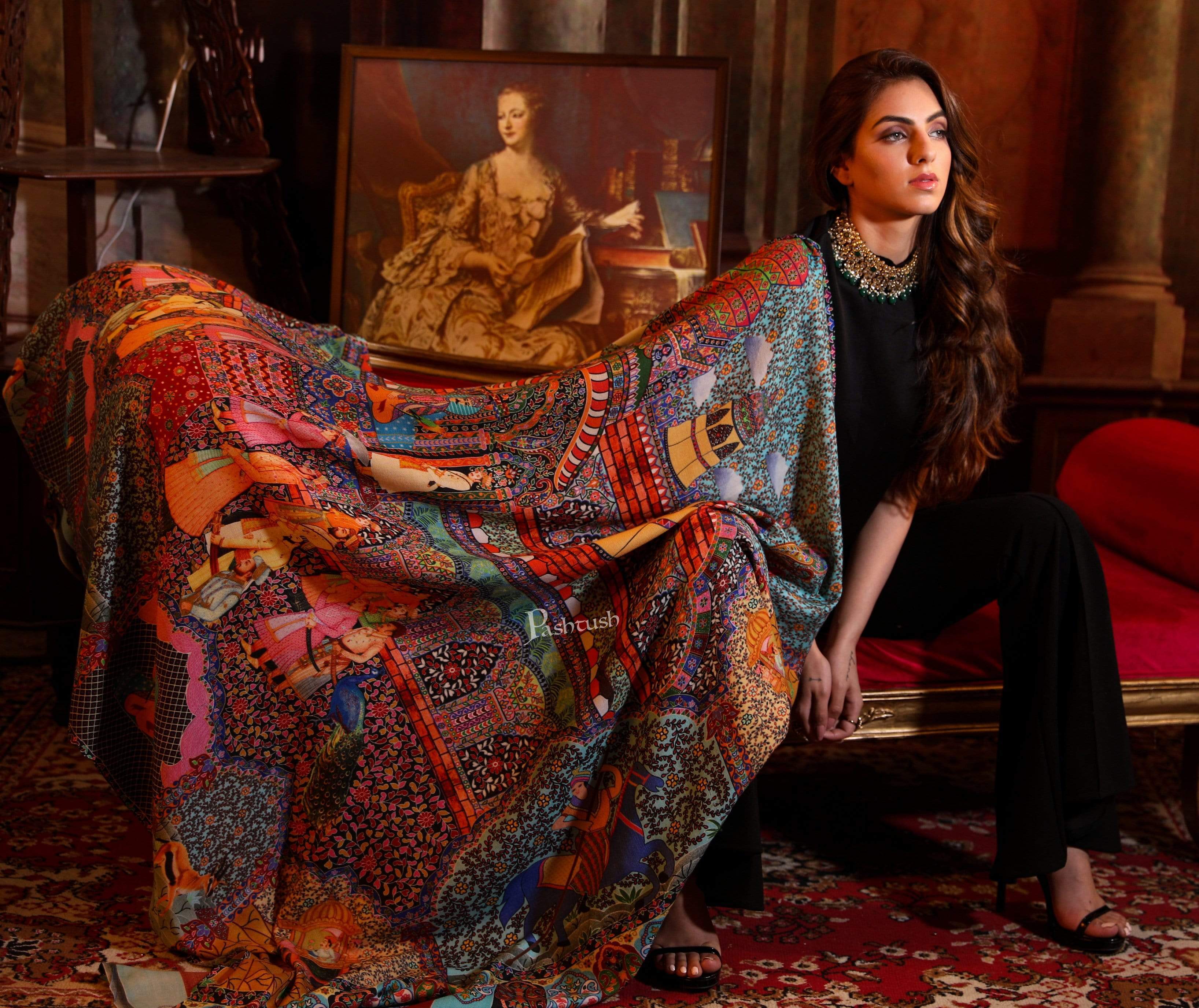 Pashtush Womens, Pure Wool, Printed Darbar Shawl, Woolmark Certified.