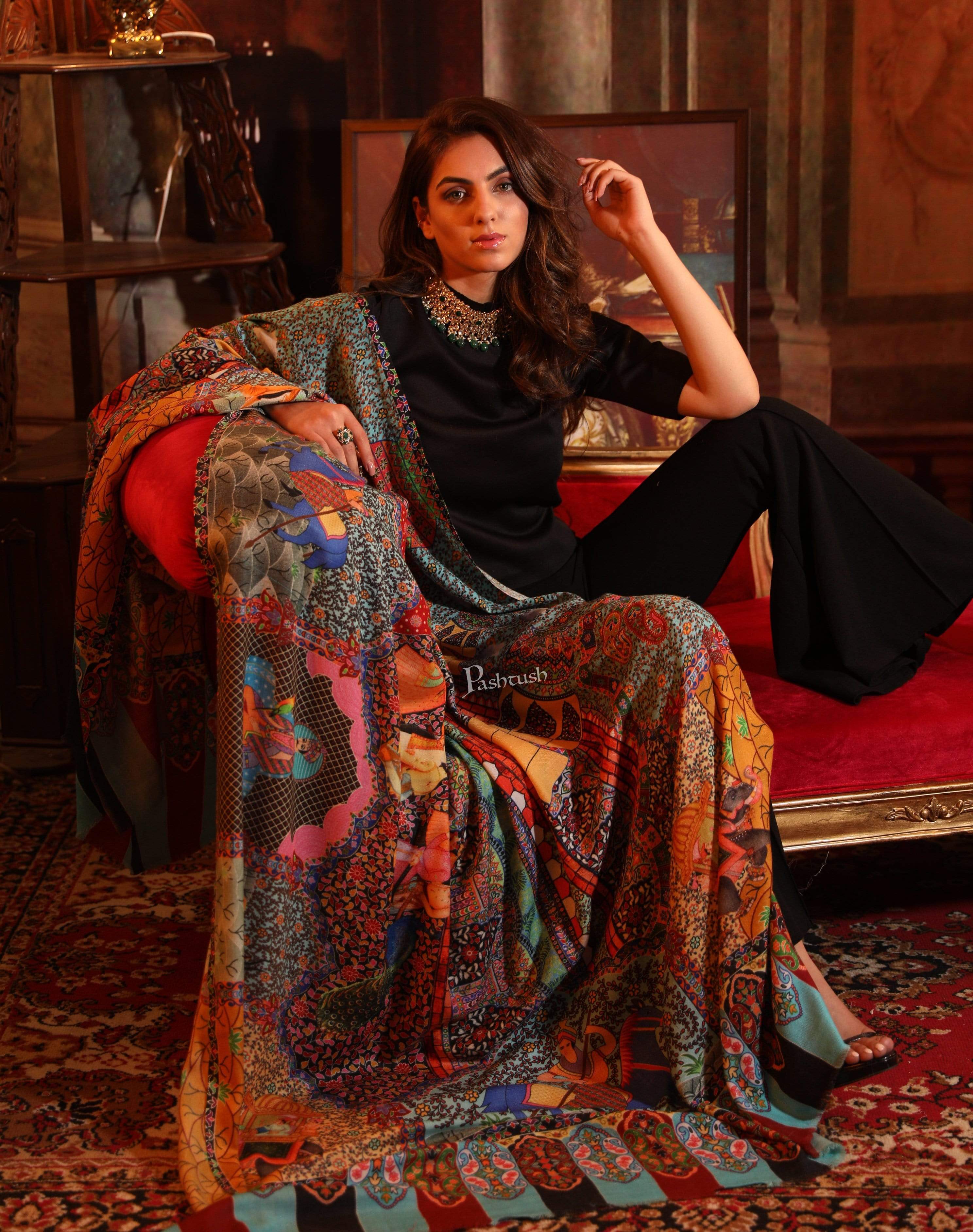Pashtush Womens, Pure Wool, Printed Darbar Shawl, Woolmark Certified. - Image 2