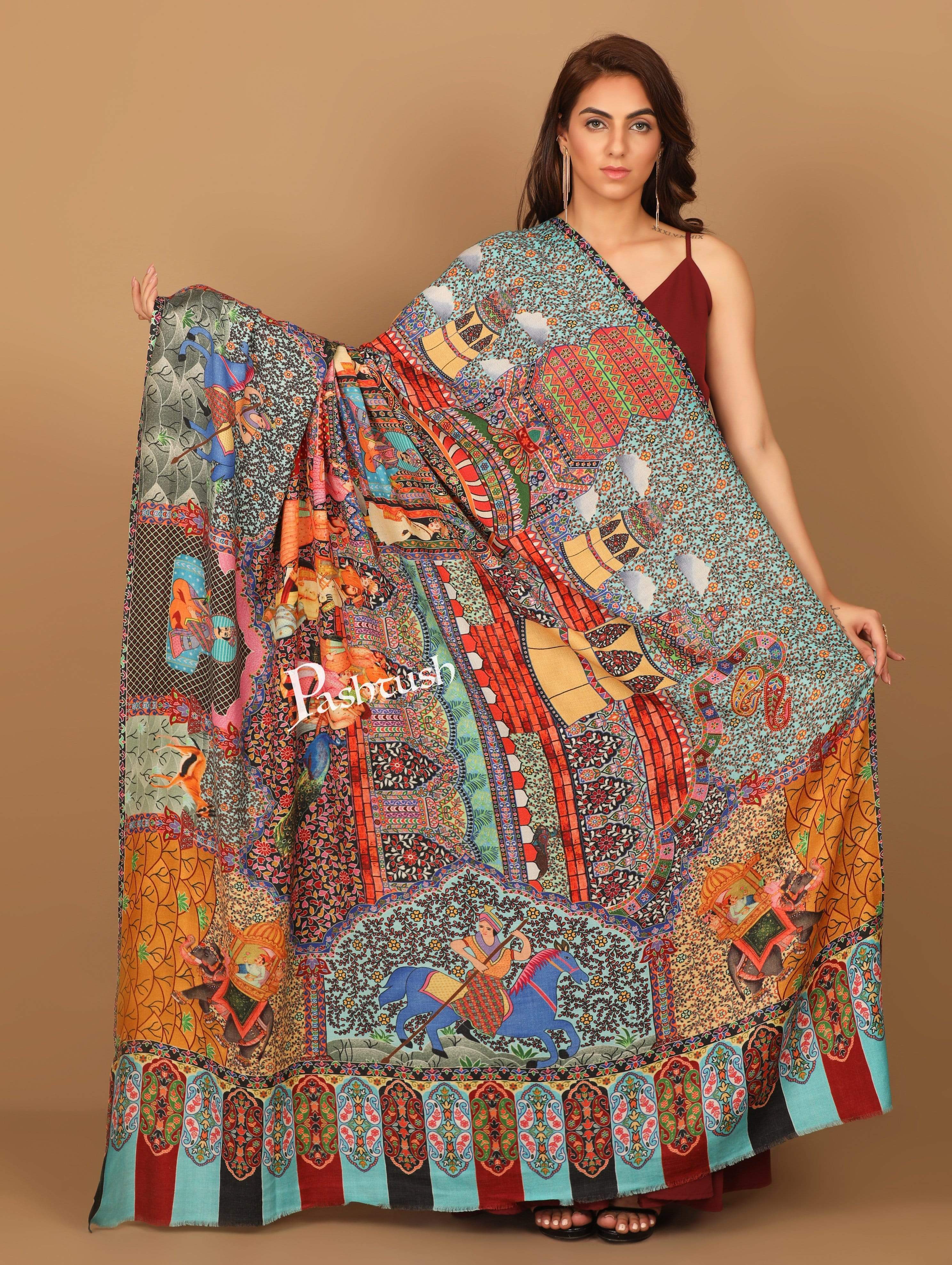 Pashtush Womens, Pure Wool, Printed Darbar Shawl, Woolmark Certified. - Image 3