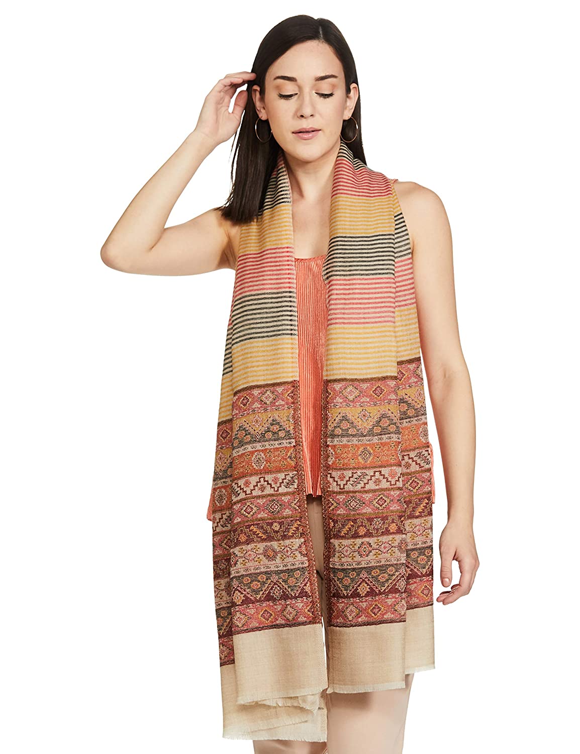 Pashtush Women'S Reversible Stole, Aztec Weave Scarf, Beige - Image 6