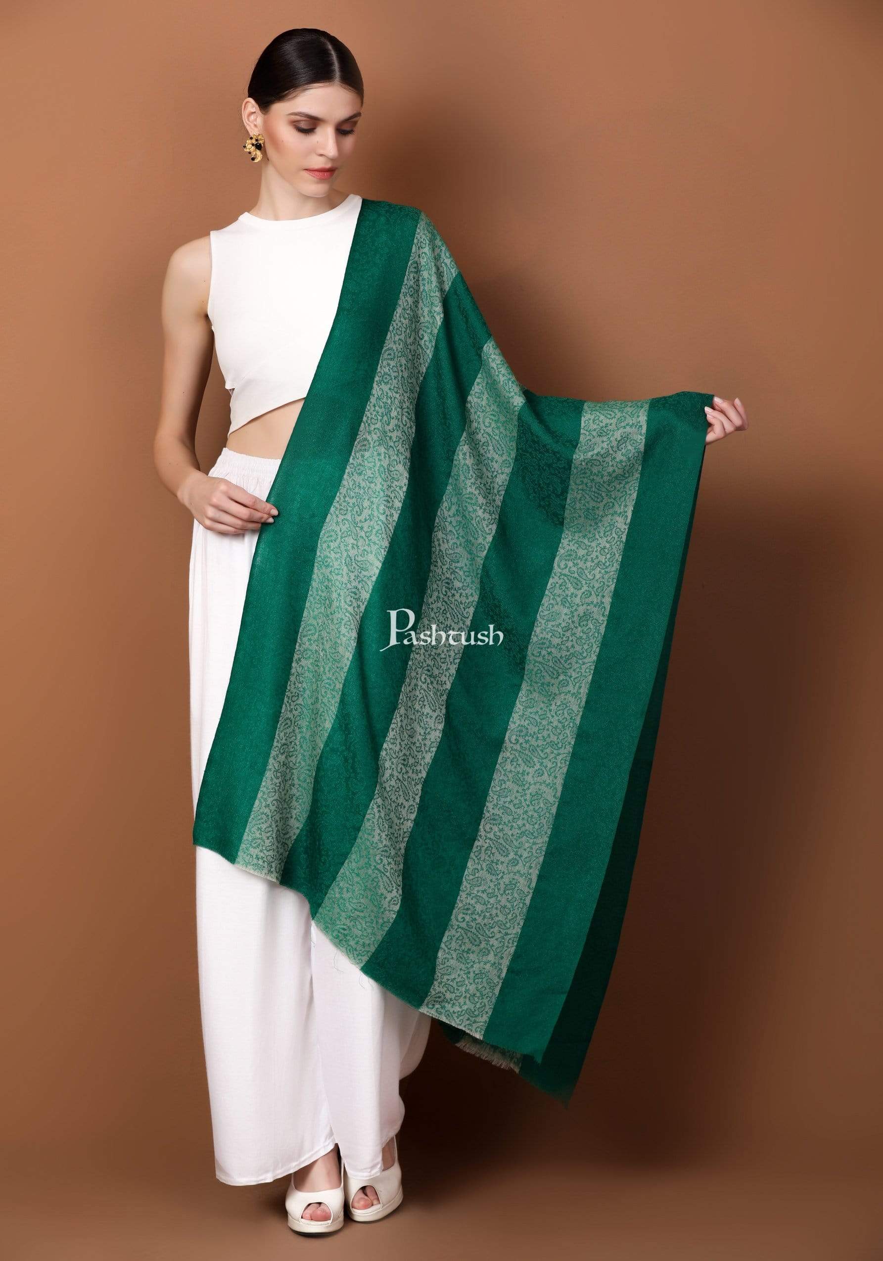 Pashtush Women'S Reversible Stole, Scarf With Stripes, Emerald Green - Image 2