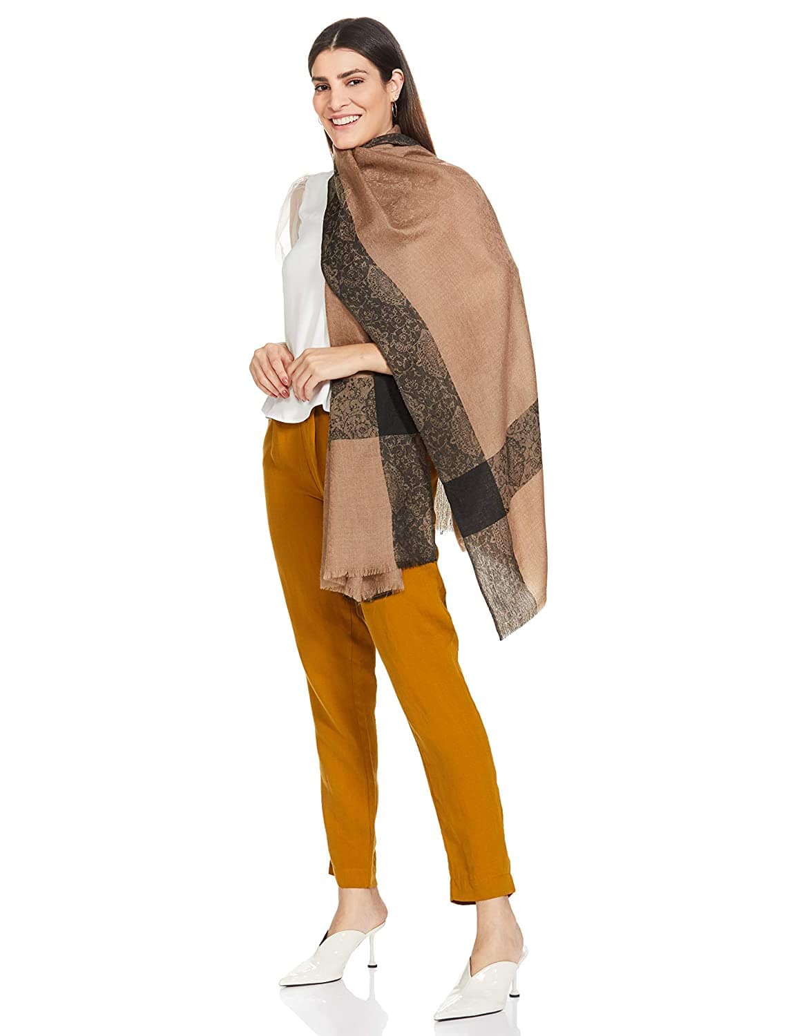 Pashtush Women'S Reversible Stole, With Paiseley Weave, Neutral Beige And Black - Image 10