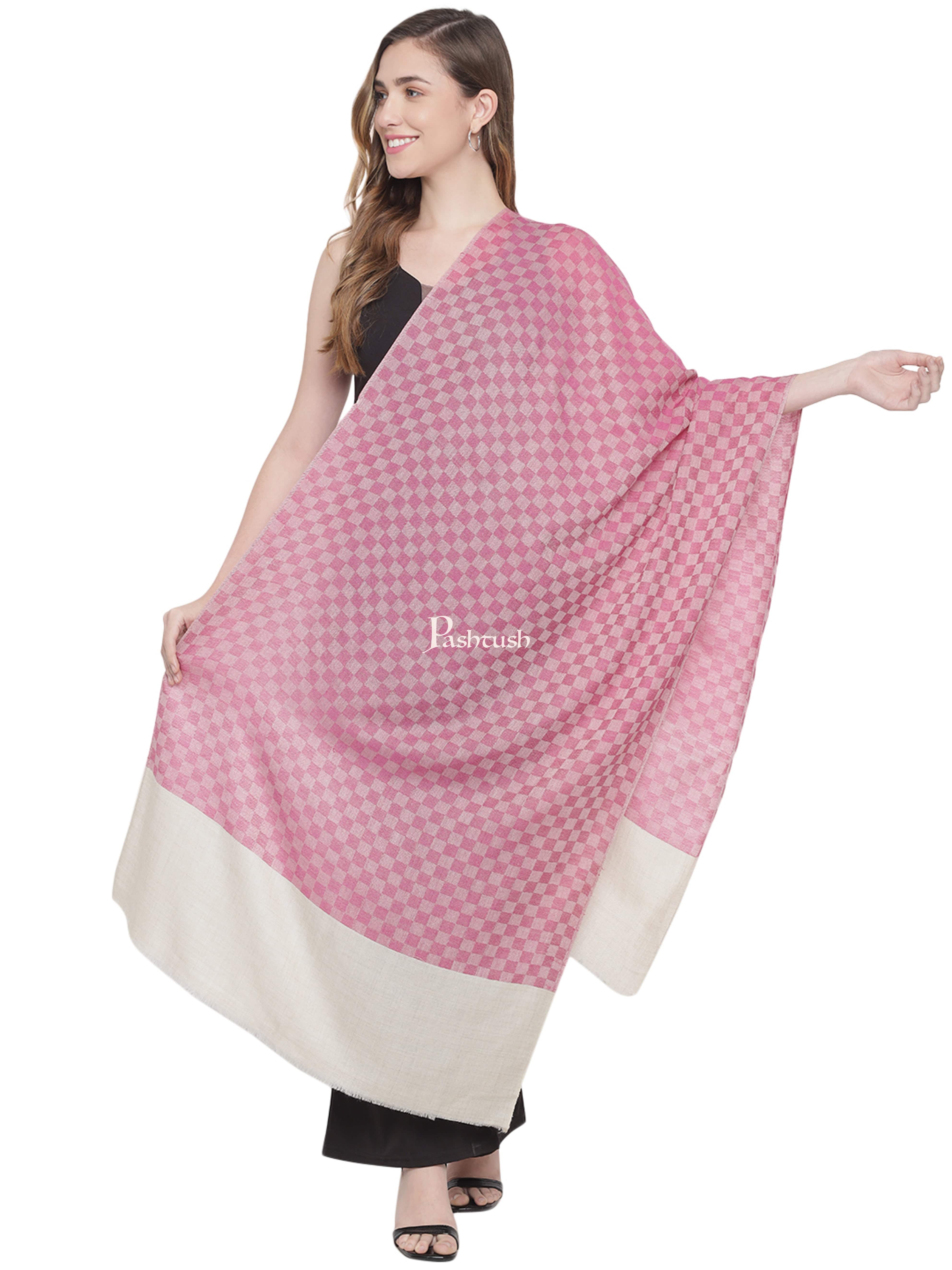 Pashtush Womens Self Stole, Fine Wool, Checkered Weave, Soft and Warm, Pink - Image 3