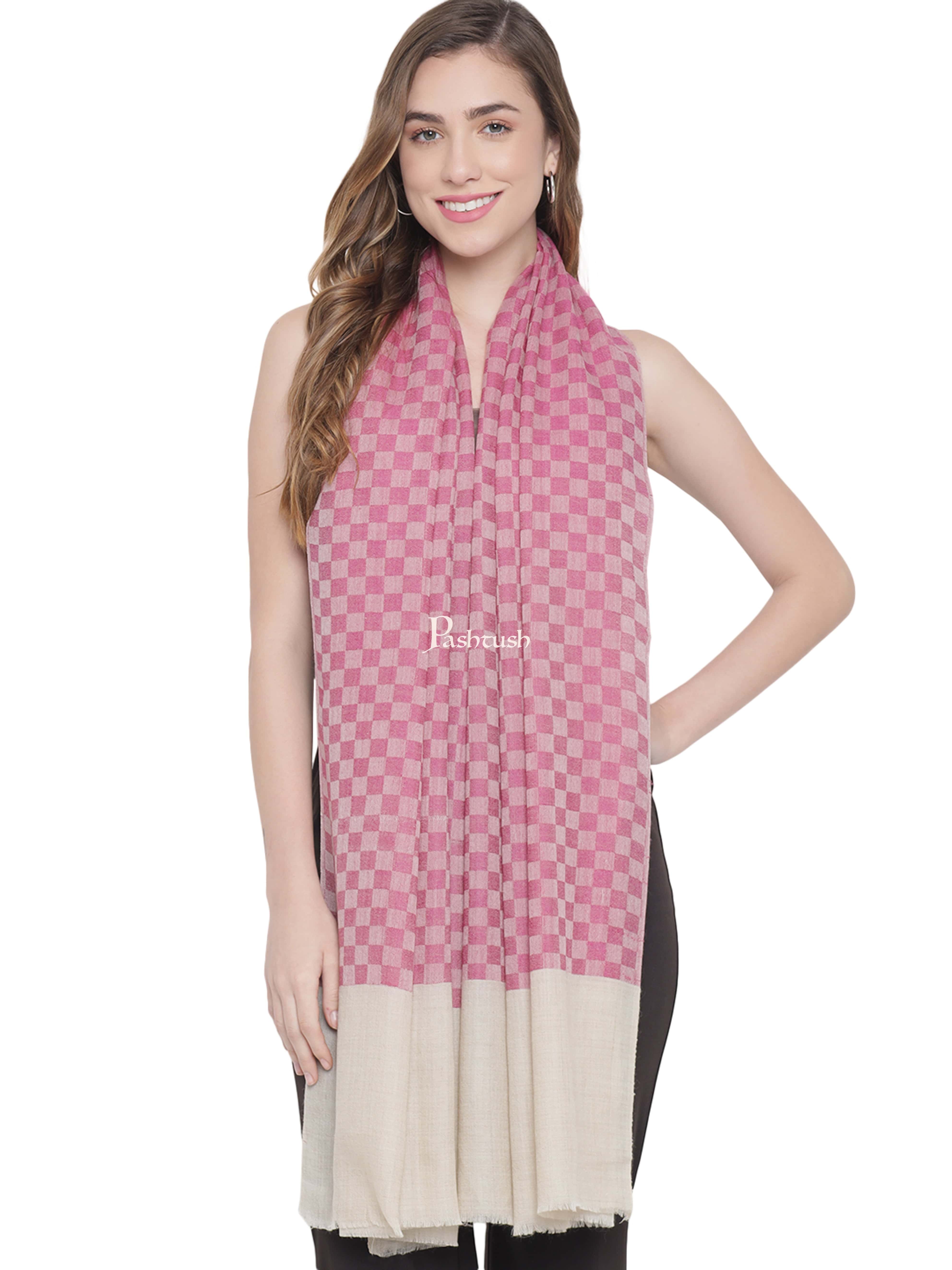 Pashtush Womens Self Stole, Fine Wool, Checkered Weave, Soft and Warm, Pink - Image 4