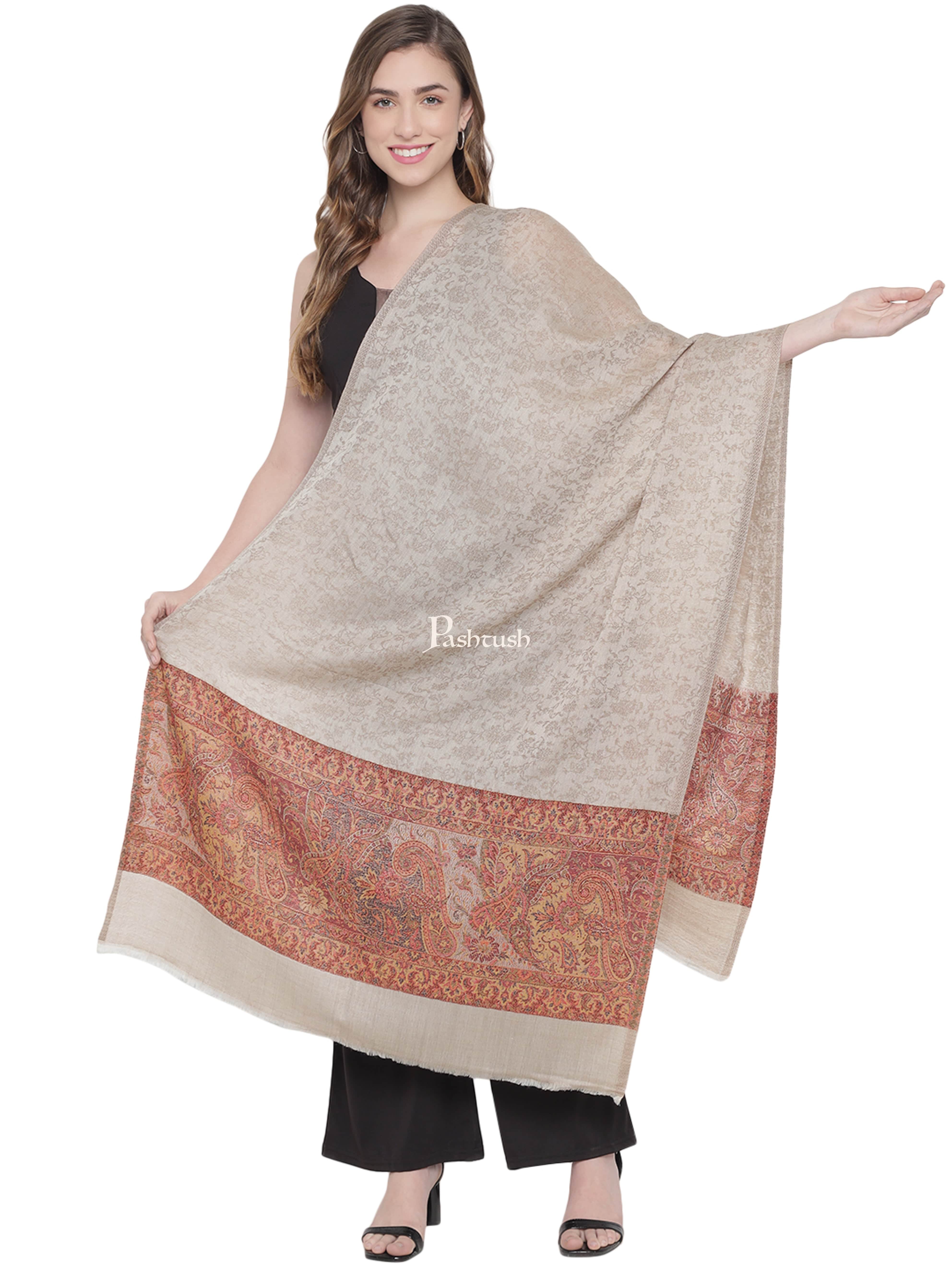 Pashtush Womens Fine Wool Stole, Ethnic Weave Palla, Beige - Image 3