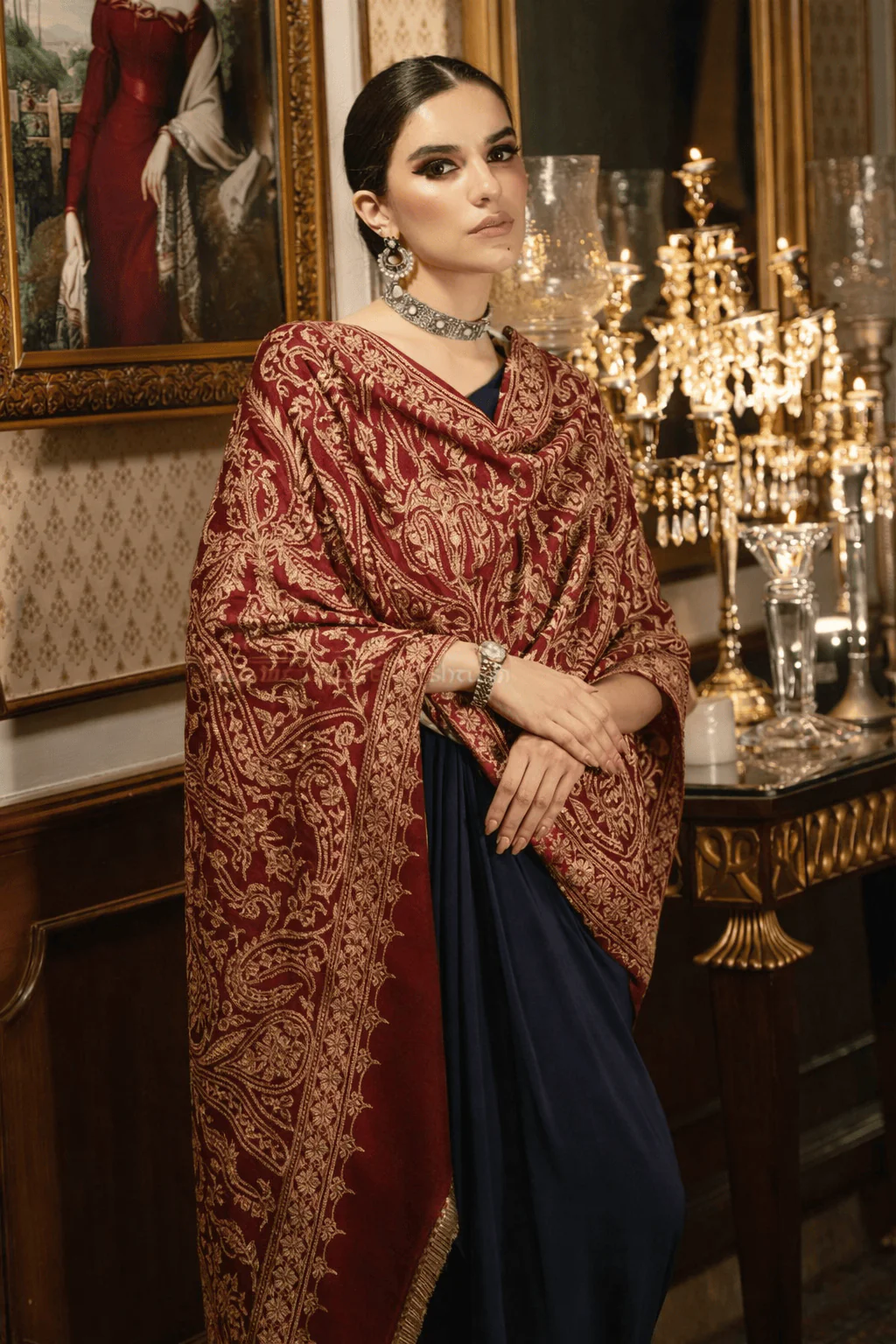 Pashtush Womens Pashmina Shawl with Real Kashmiri Tilla Embroidery, Bridal Crimson Maroon. - Image 5