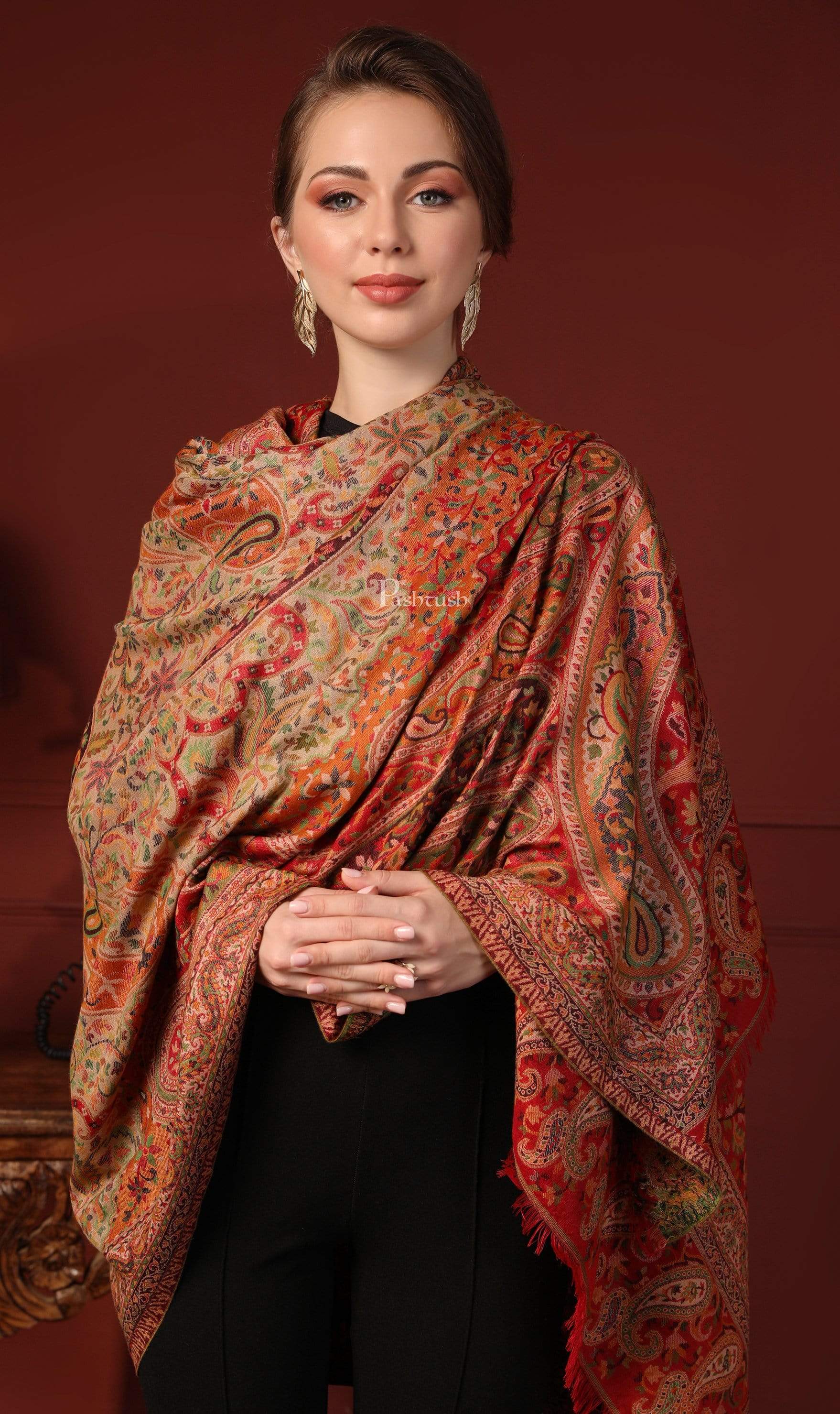 Pashtush Women Ethnic Weave Shawl, Rich Garden, Red And Beige - Image 3