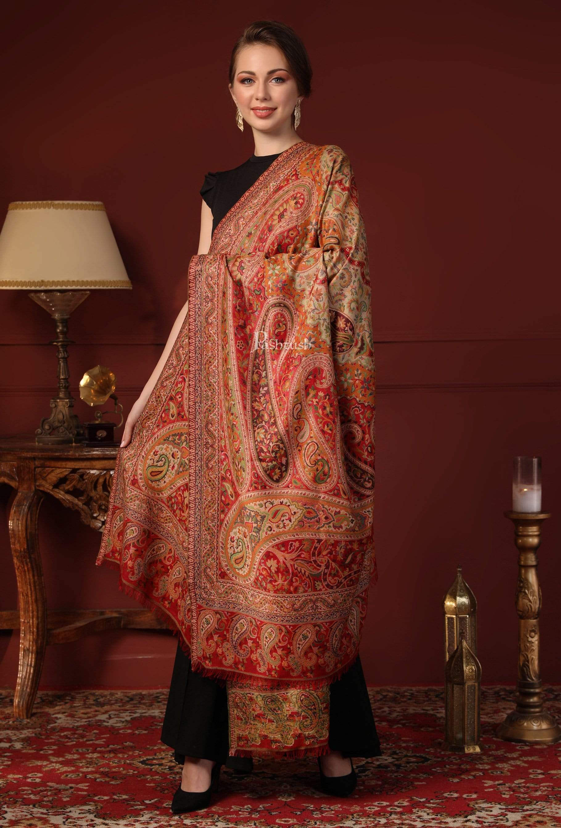 Pashtush Women Ethnic Weave Shawl, Rich Garden, Red And Beige - Image 4