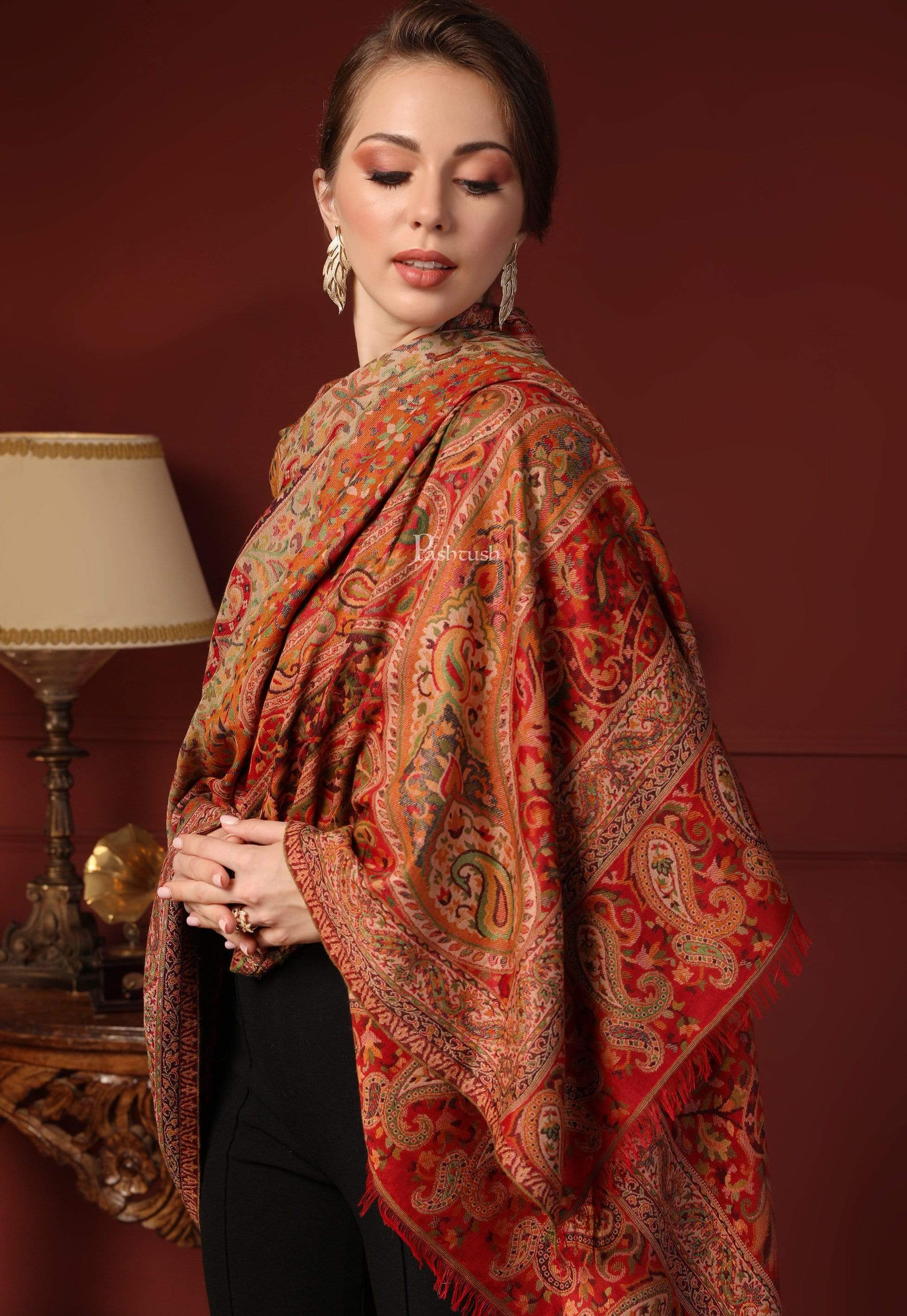 Pashtush Women Ethnic Weave Shawl, Rich Garden, Red And Beige - Image 5