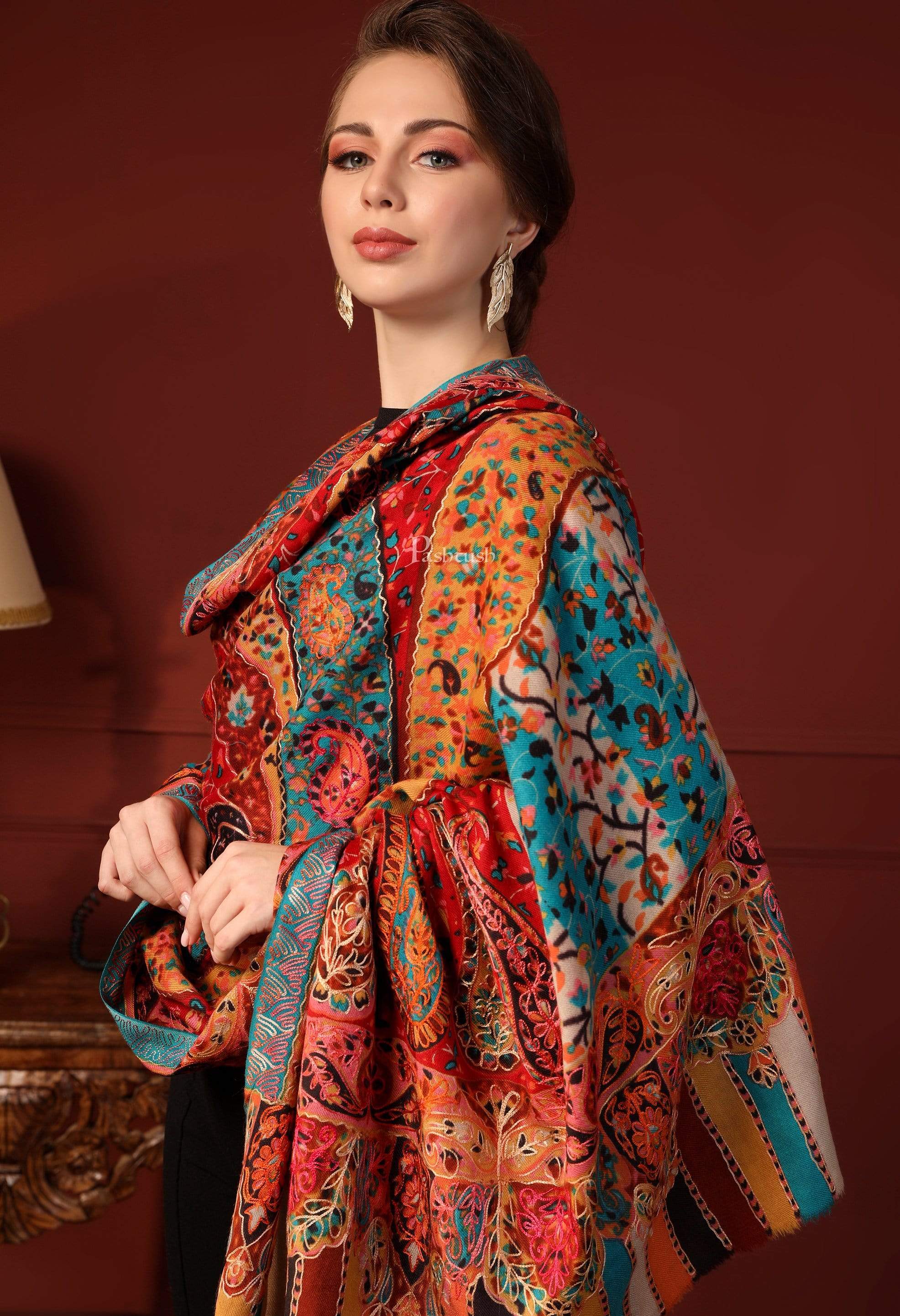Pashtush Womens Kalamkari Outline Embroidery Shawl, Multicoloured - Image 3
