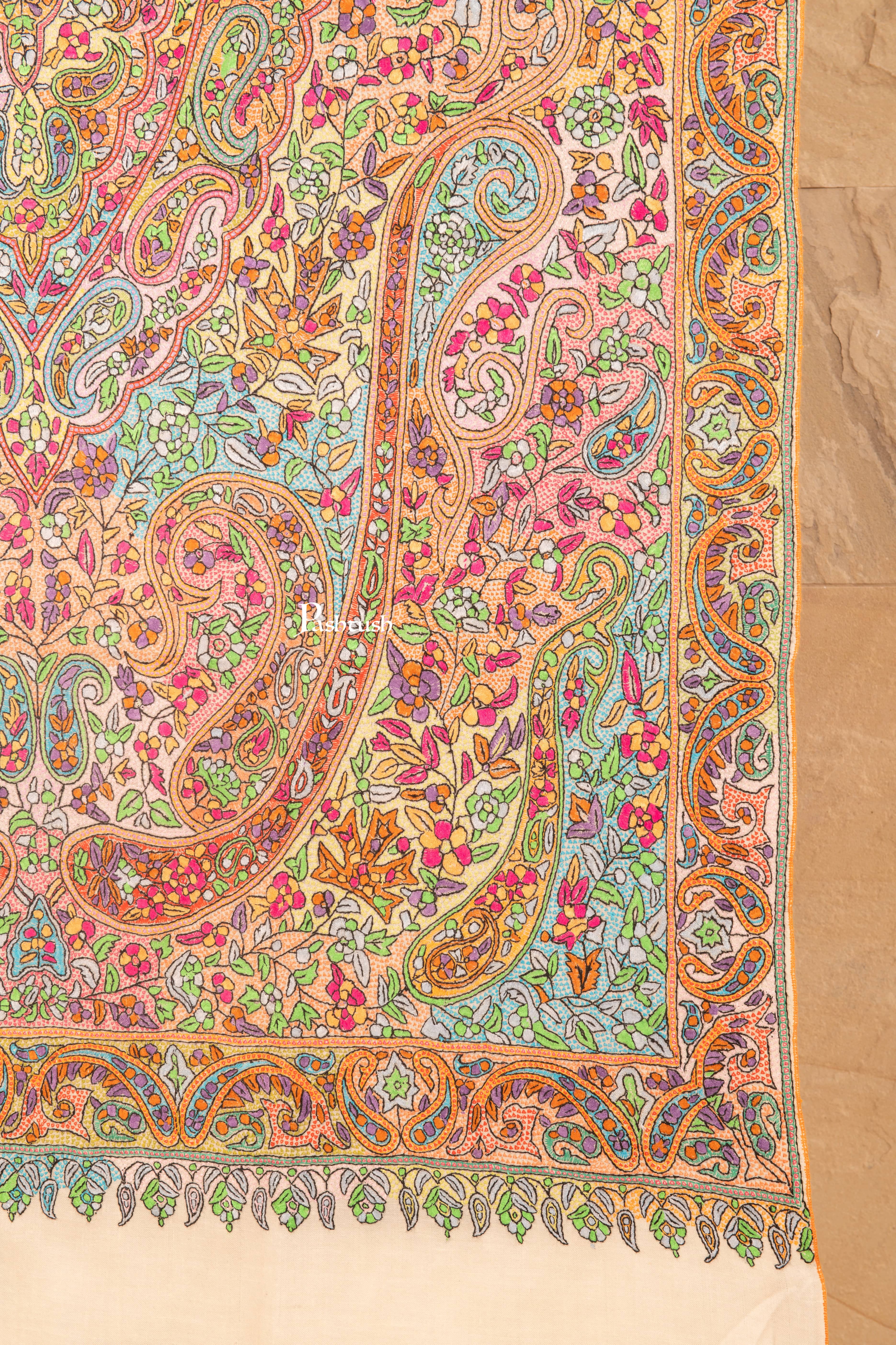 Pashtush Pure Pashmina Shawl for Women,  Hand Embroidery Hand Woven, Gulaabdar, Ivory - Image 3