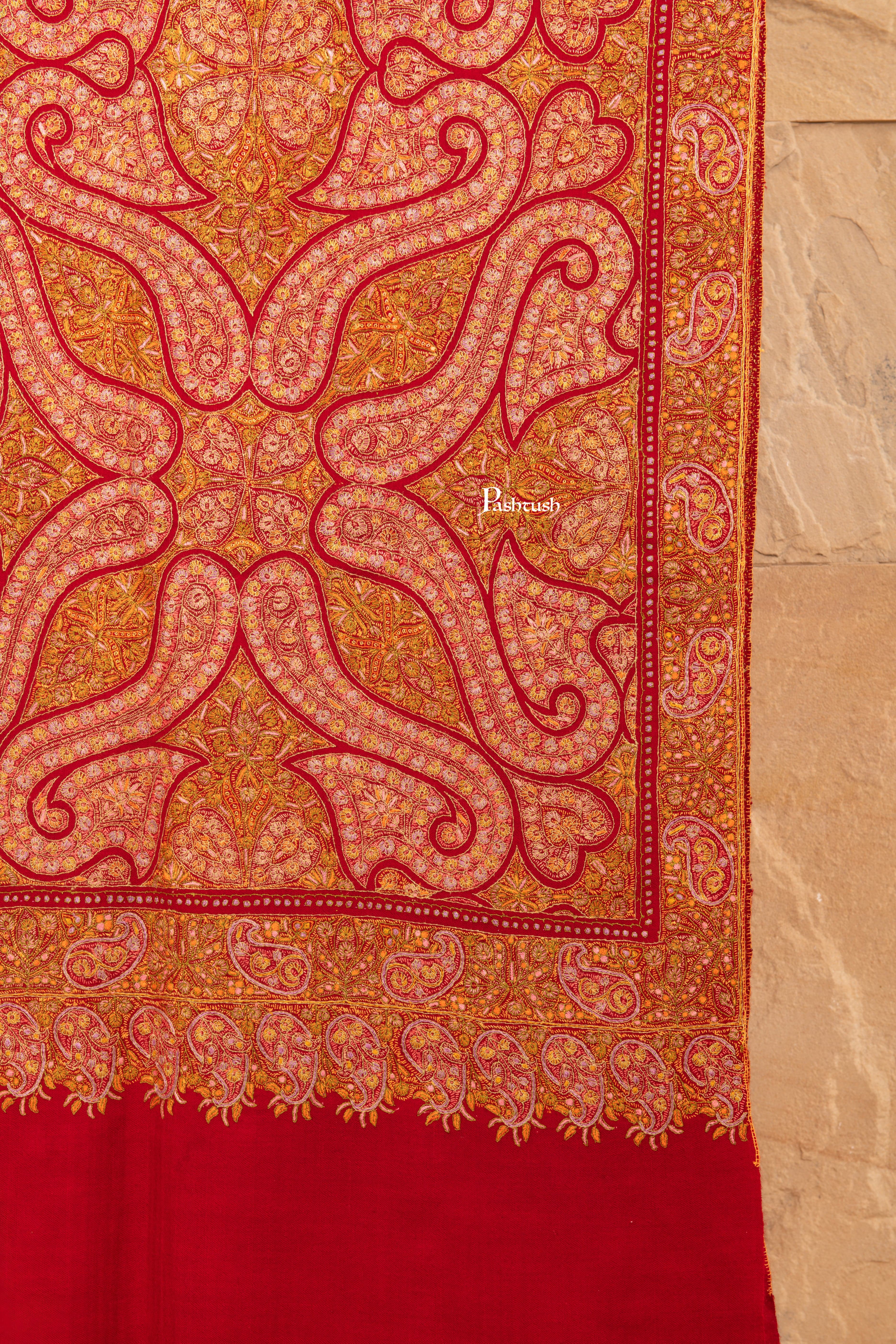 Pashtush Pure Pashmina Shawl for Women, Kashmiri Sozni Hand Emrbodiery, Hand Made Shawl, Maroon - Image 4