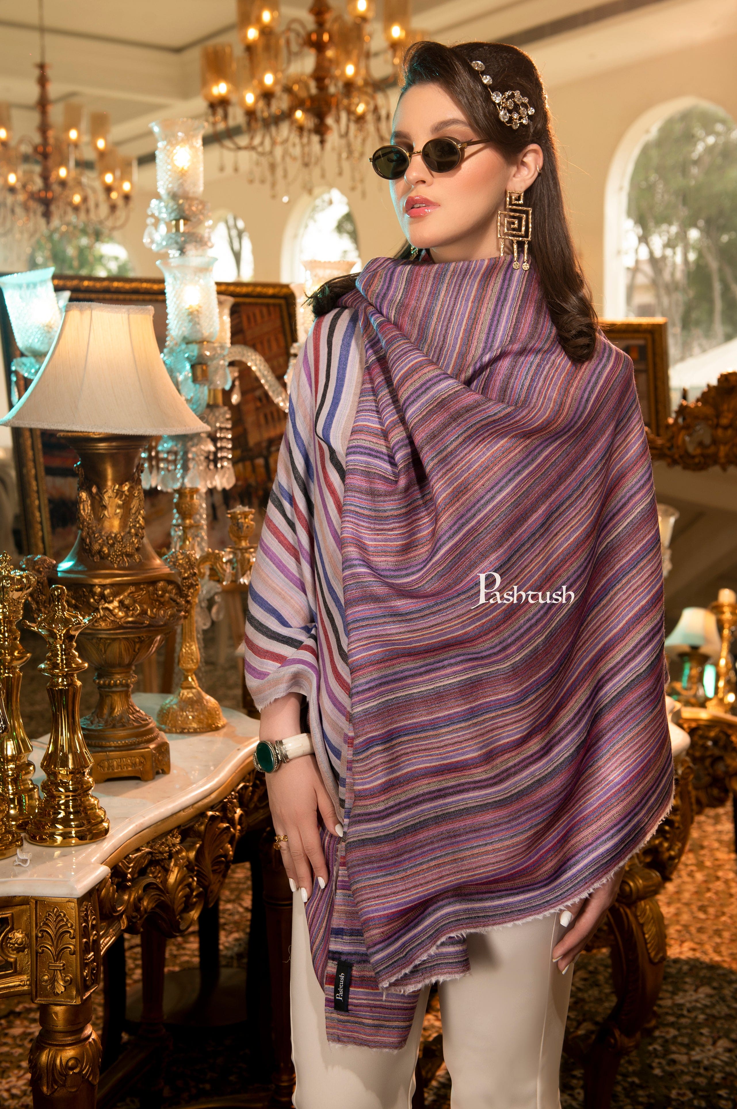 Pashtush Womens Shawl, Cashmere Blended, Extra Fine Wool, Reversible Weave, Striped - Image 2