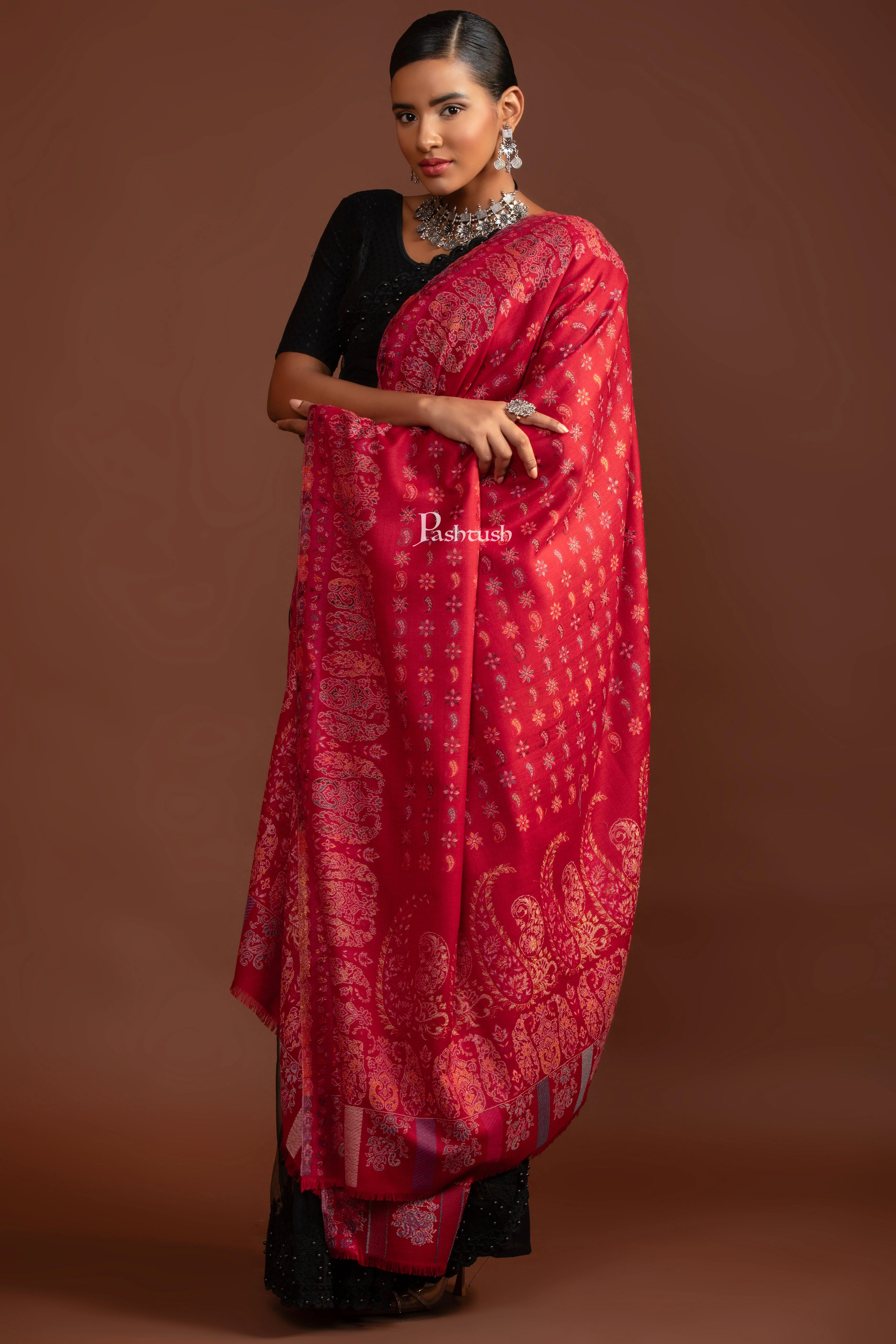 Pashtush Womens Shawl, Ethnic Weave Paisley Palla, Crimson - Image 4