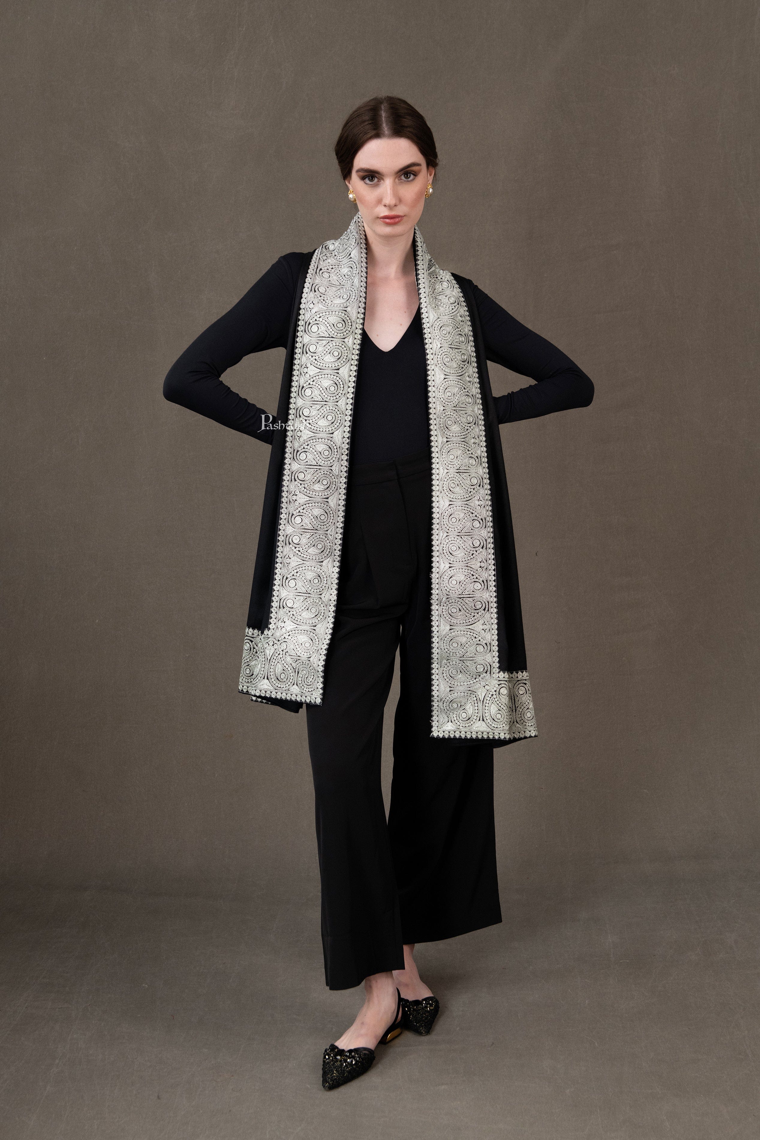 Pashtush Womens Shawl, Extra Fine Wool, Metallic Tilla Embroidery Border, Design, Black - Image 3