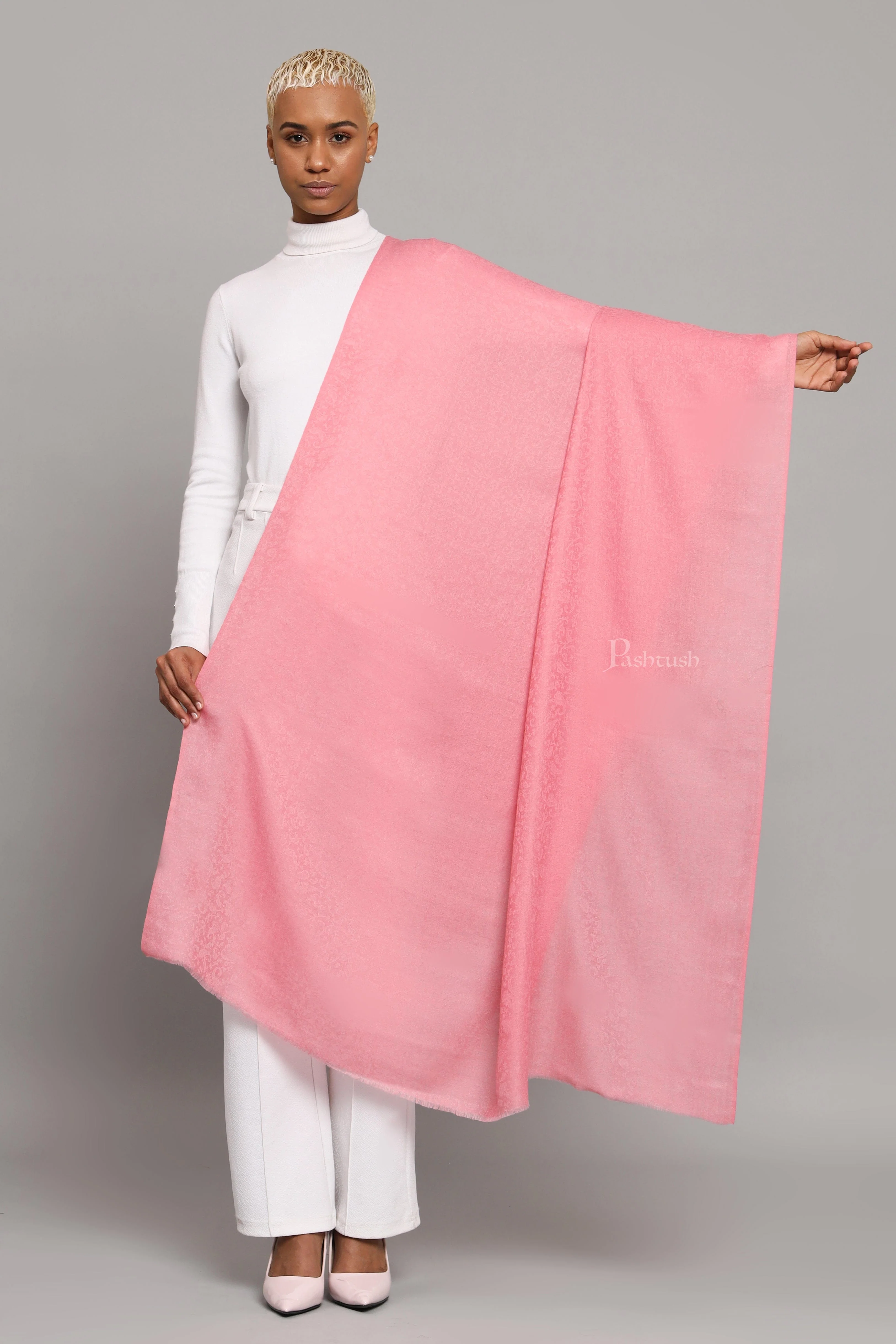 Pashtush Womens Shawl, Extra Fine Wool, With Paisely Weave, Woven Design, Morning Pink - Image 3