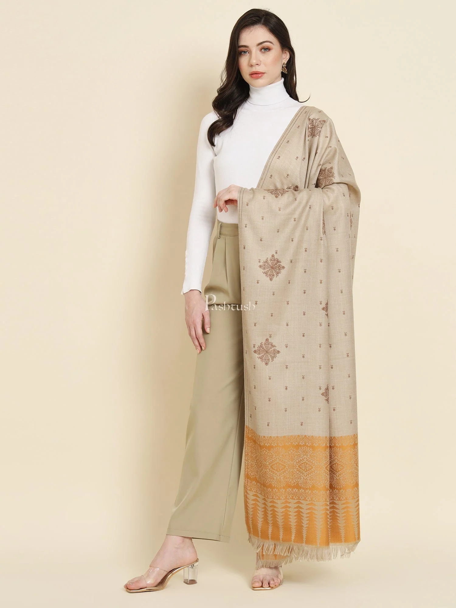 Pashtush Womens shawl, Fine Wool, Bootey Kashmiri Embroidery, Beige and Mustard - Image 6
