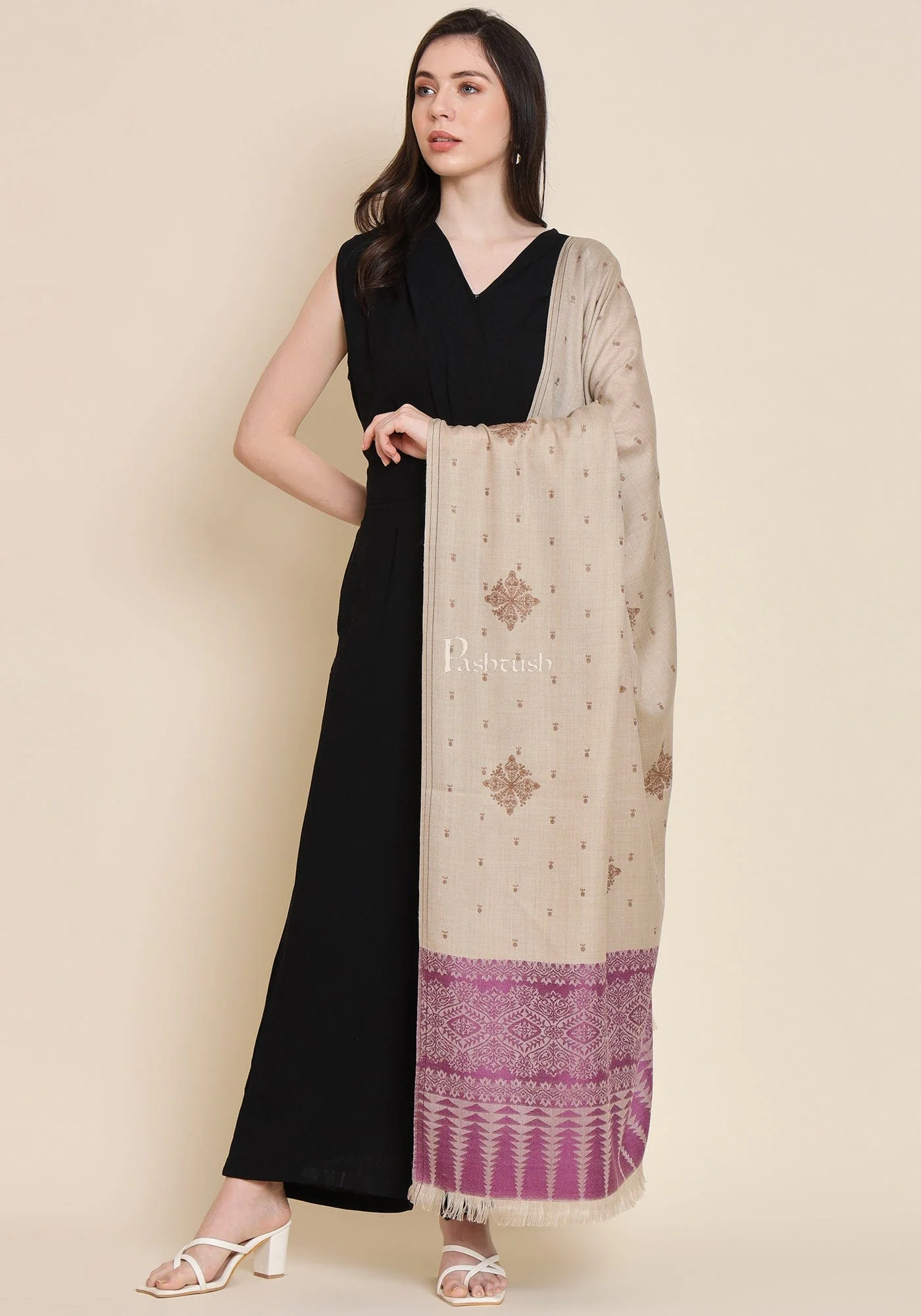 Pashtush Womens Shawl, Fine Wool, Bootey Kashmiri Embroidery, Beige and Violet - Image 4