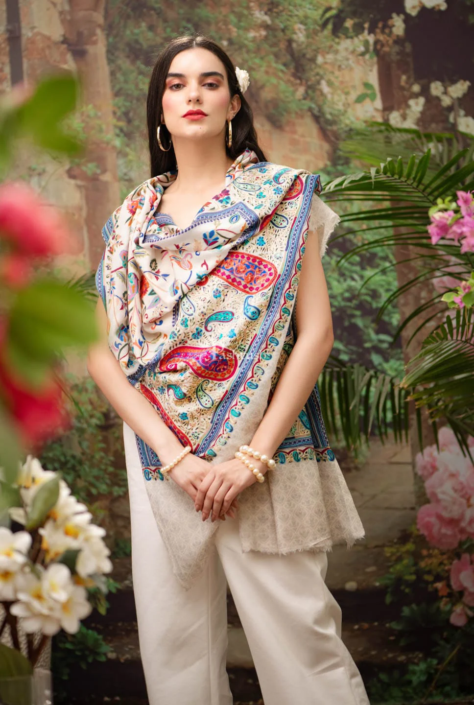 Pashtush Womens Shawl, Fine Wool, Hand Embroidery, Kalamkari Design, Blue, Soft and Warm, Ivory - Image 3