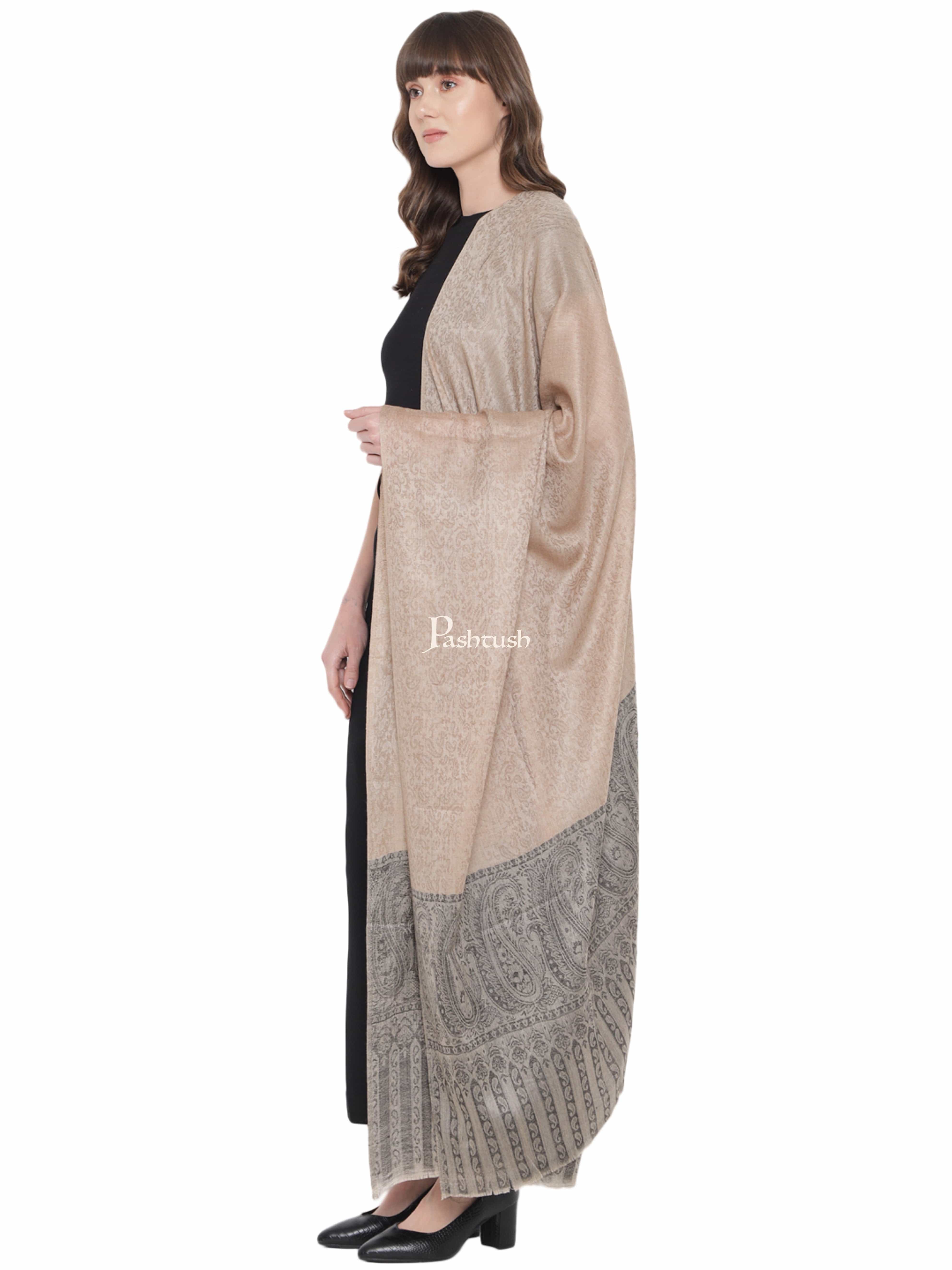 Pashtush Womens Shawl, Fine Wool Self Jacquard Weave, Beige and Black - Image 4