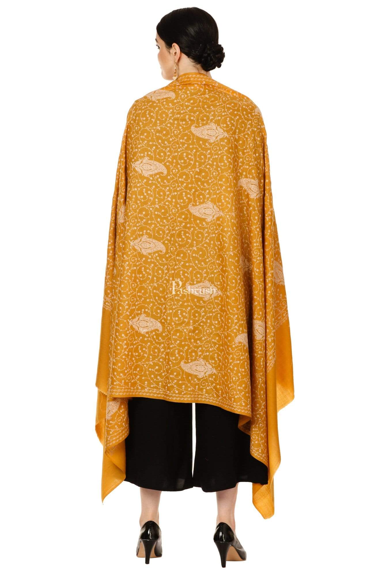 Pashtush Womens Shawl, Tone On Tone Embroidery, Soft, Warm, Light Weight, Mustard - Image 5