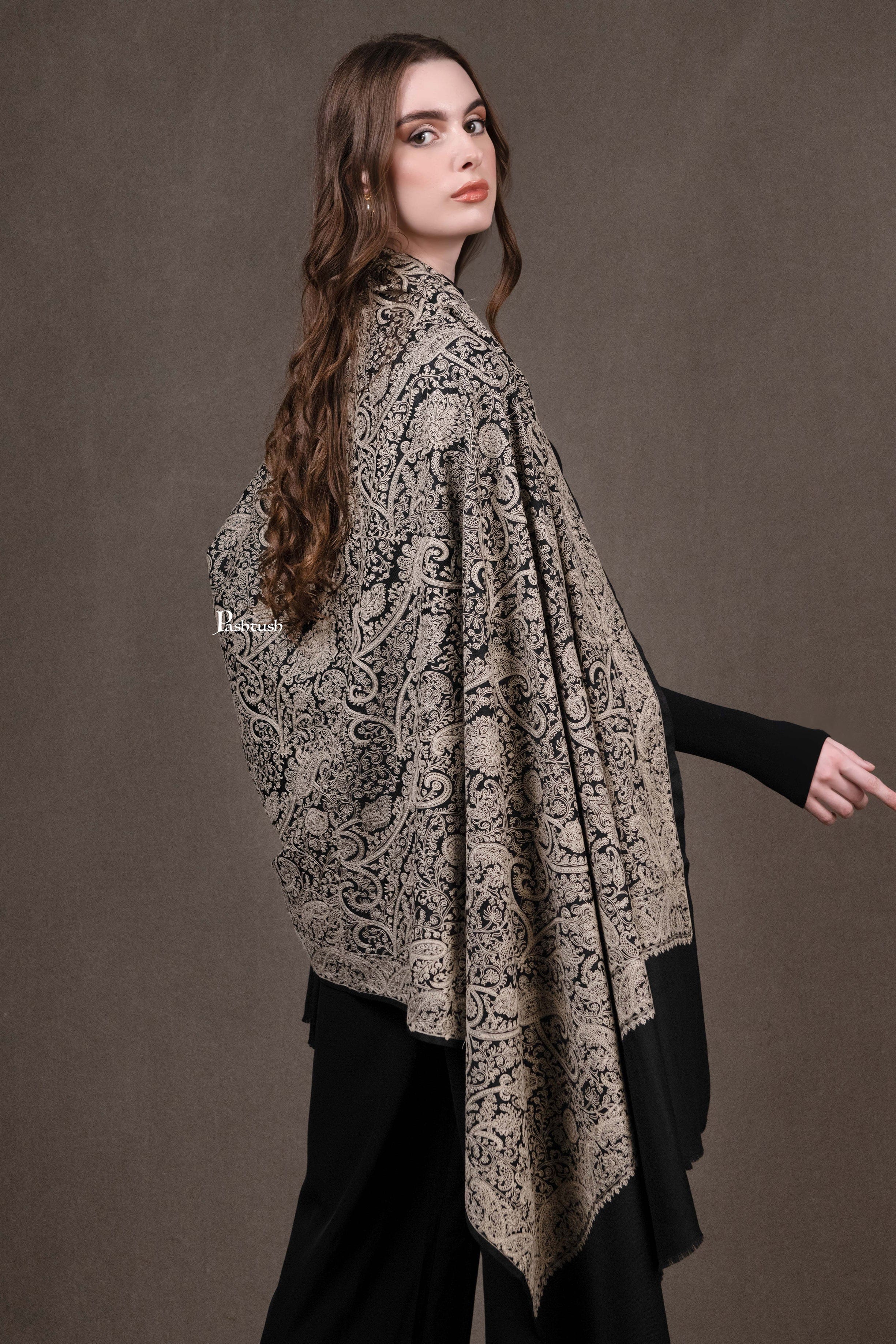 Pashtush Womens Shawl, Tone on Tone Kashmiri Embroidery, Intricate Needlework, Black - Image 2