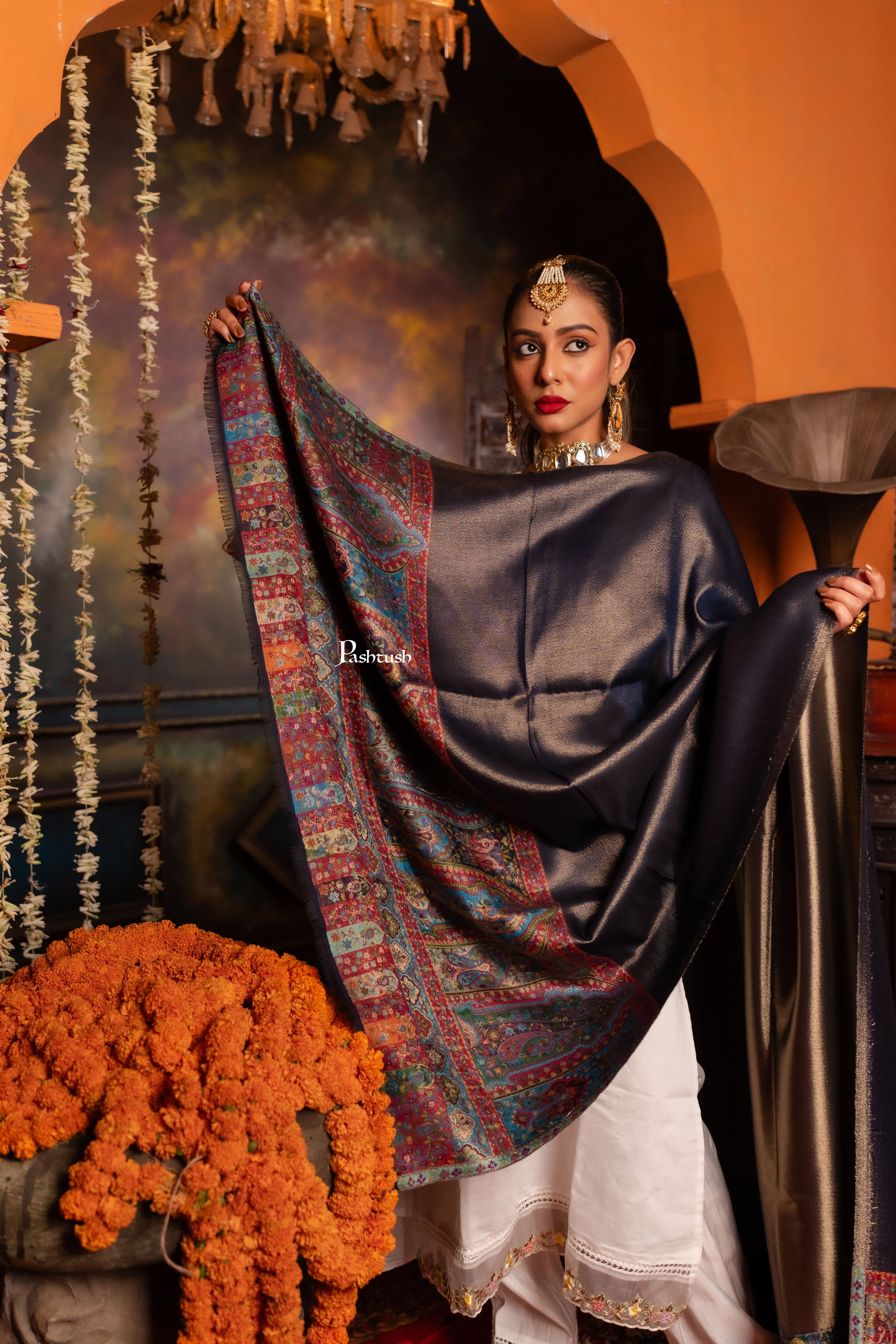 Pashtush Womens Shawl, Twilight Collection, Palla border weave Fine Wool, Royal Blue and Gold - Image 5