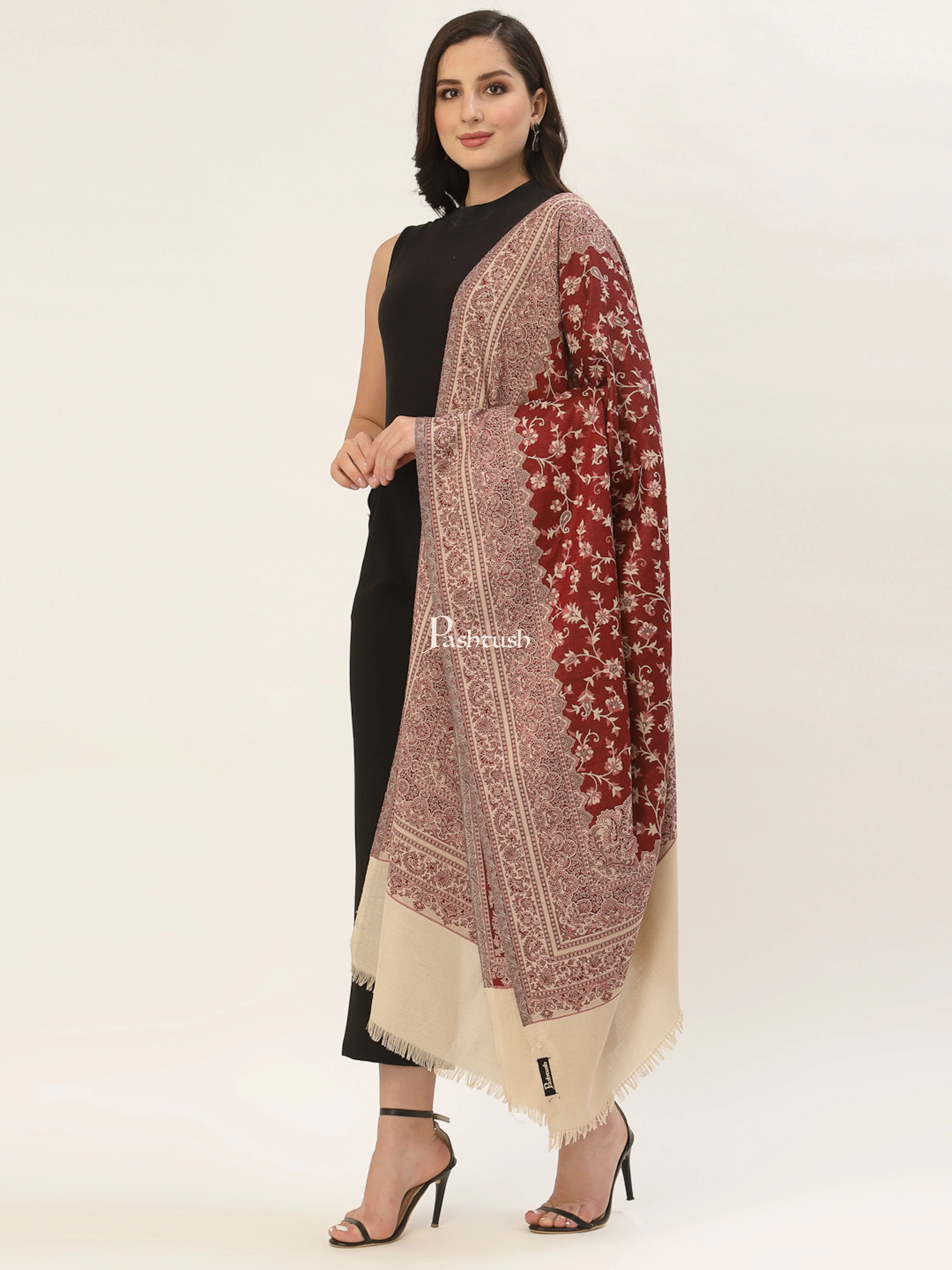 PASHTUSH WOMEN'S SHAWL, WARM AND SOFT, FAUX PASHMINA DESIGN, Maroon - Image 4