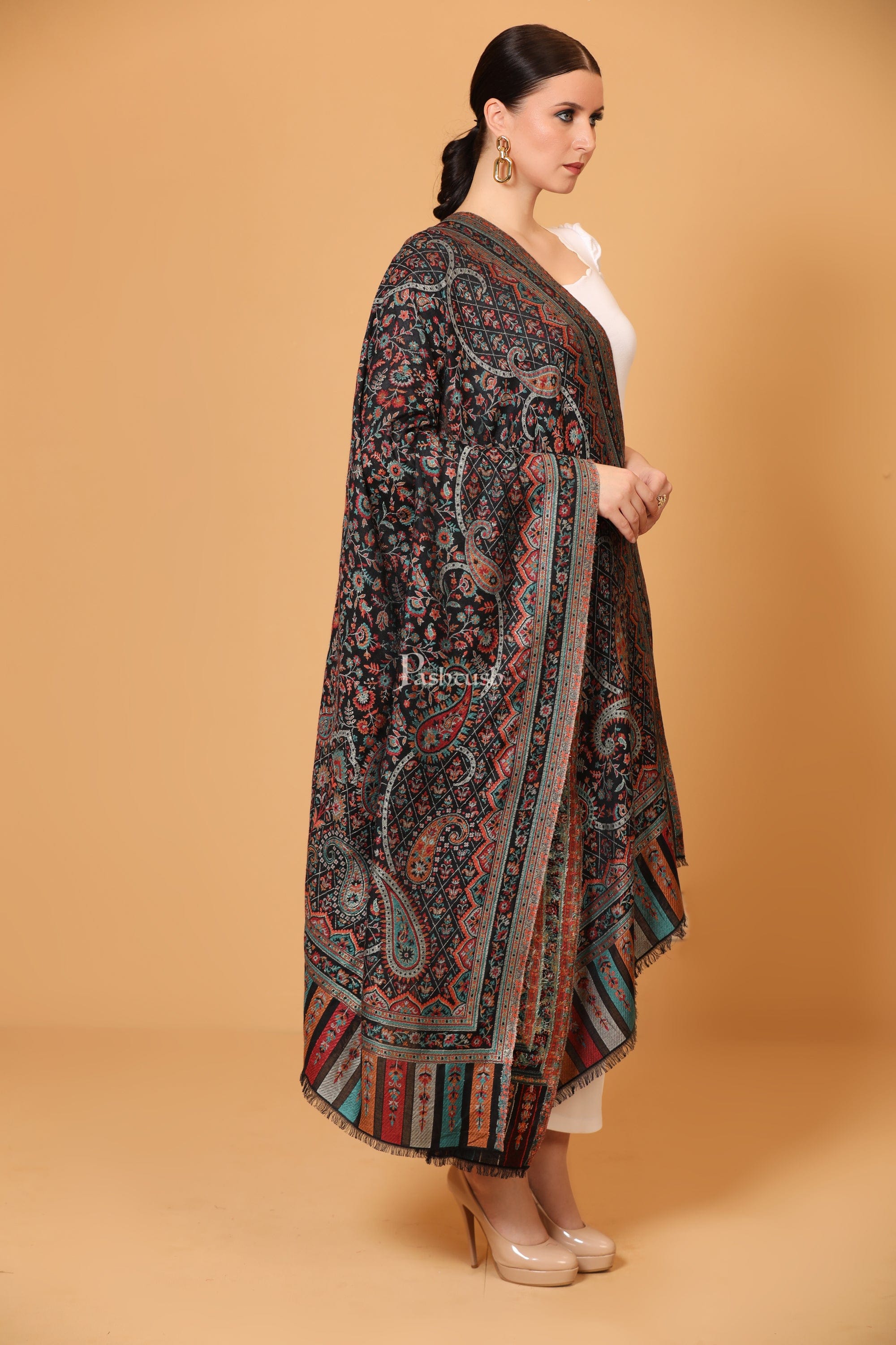 Pashtush Womens Shawl, With Antique Paisley Weave, Woven Design, Faux Pashmina, Black - Image 4