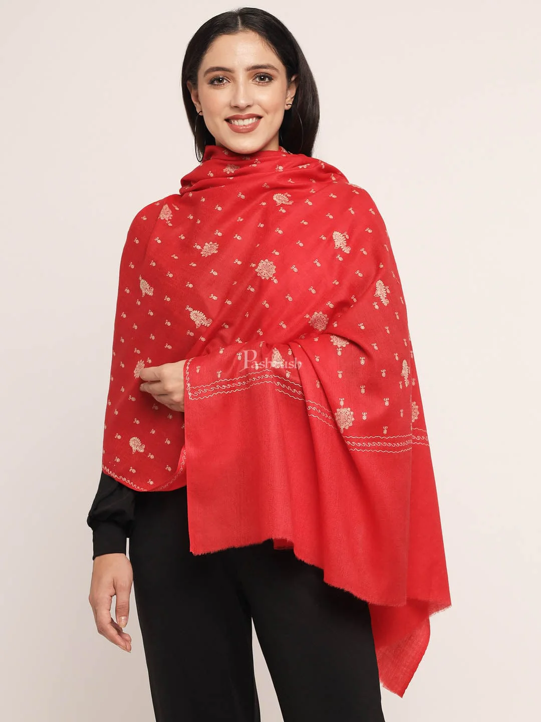 Pashtush Womens Shawl With Tone On Tone Embroidery, Soft, Warm, Light Weight, Red - Image 4