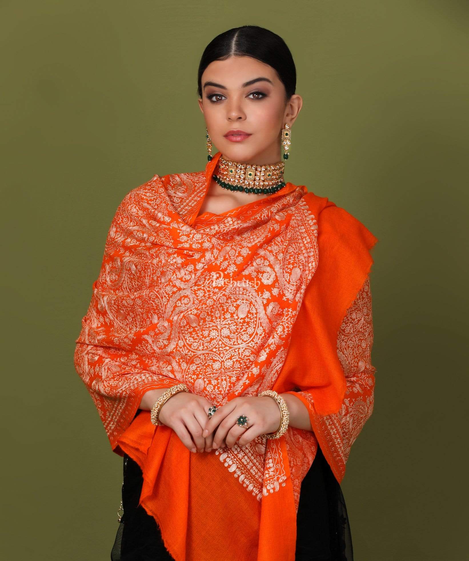 Pashtush Womens Silk-Cashmere Fine Wool, Nalki Embroidery Needlework Stole, Salamander - Image 4