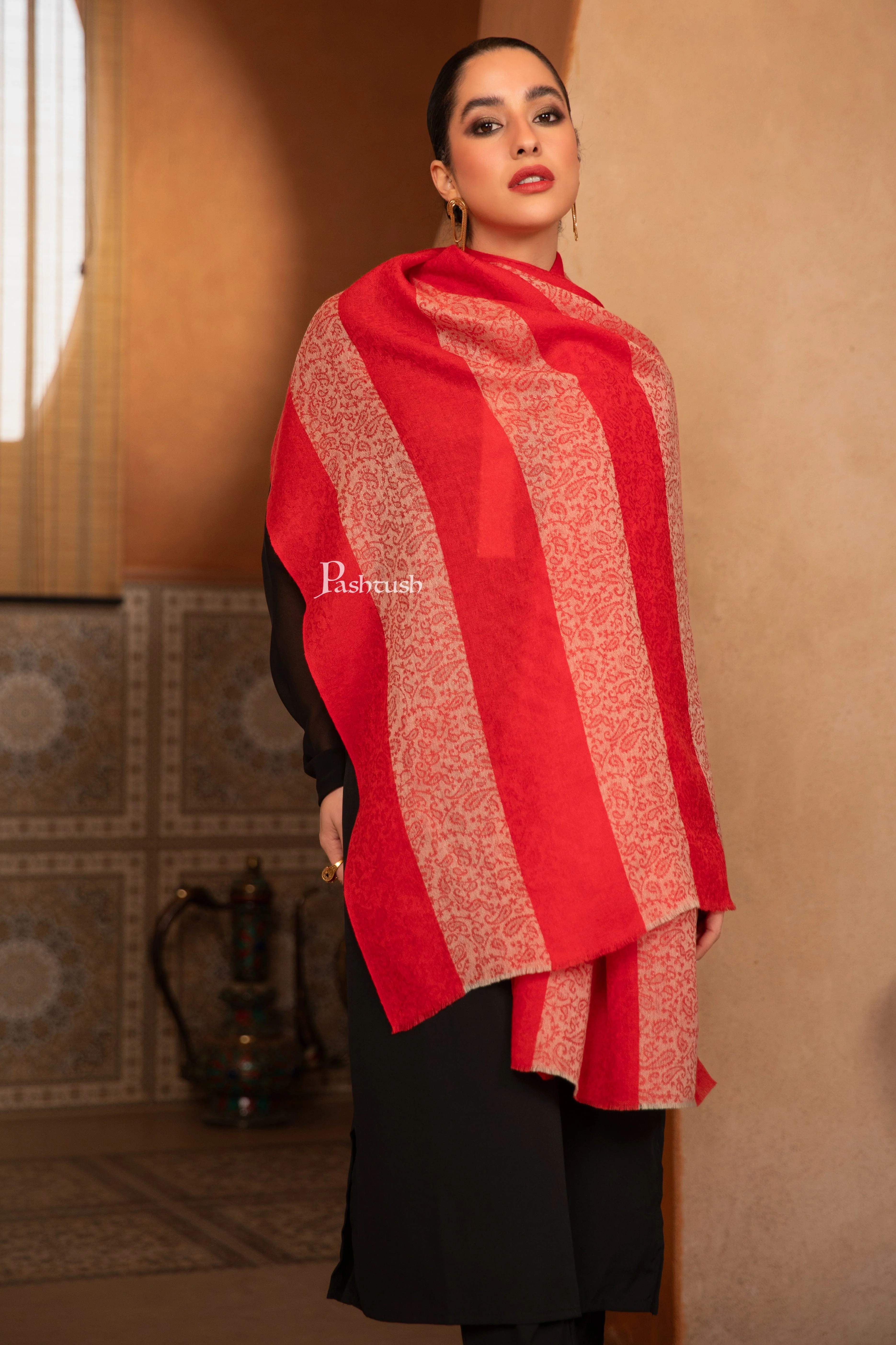 Pashtush Women'S Silk-Fine Wool Feel Reversible Stole, Striped Scarf, Scarlet Red - Image 4