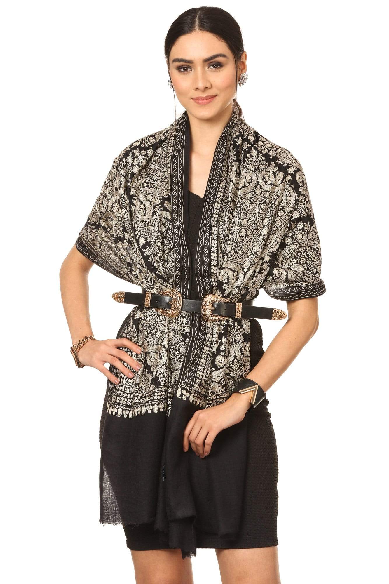 Pashtush Womens Silk-Fine Wool Blended Fine Wool, Nalki Embroidery Needlework Stole, Black - Image 7