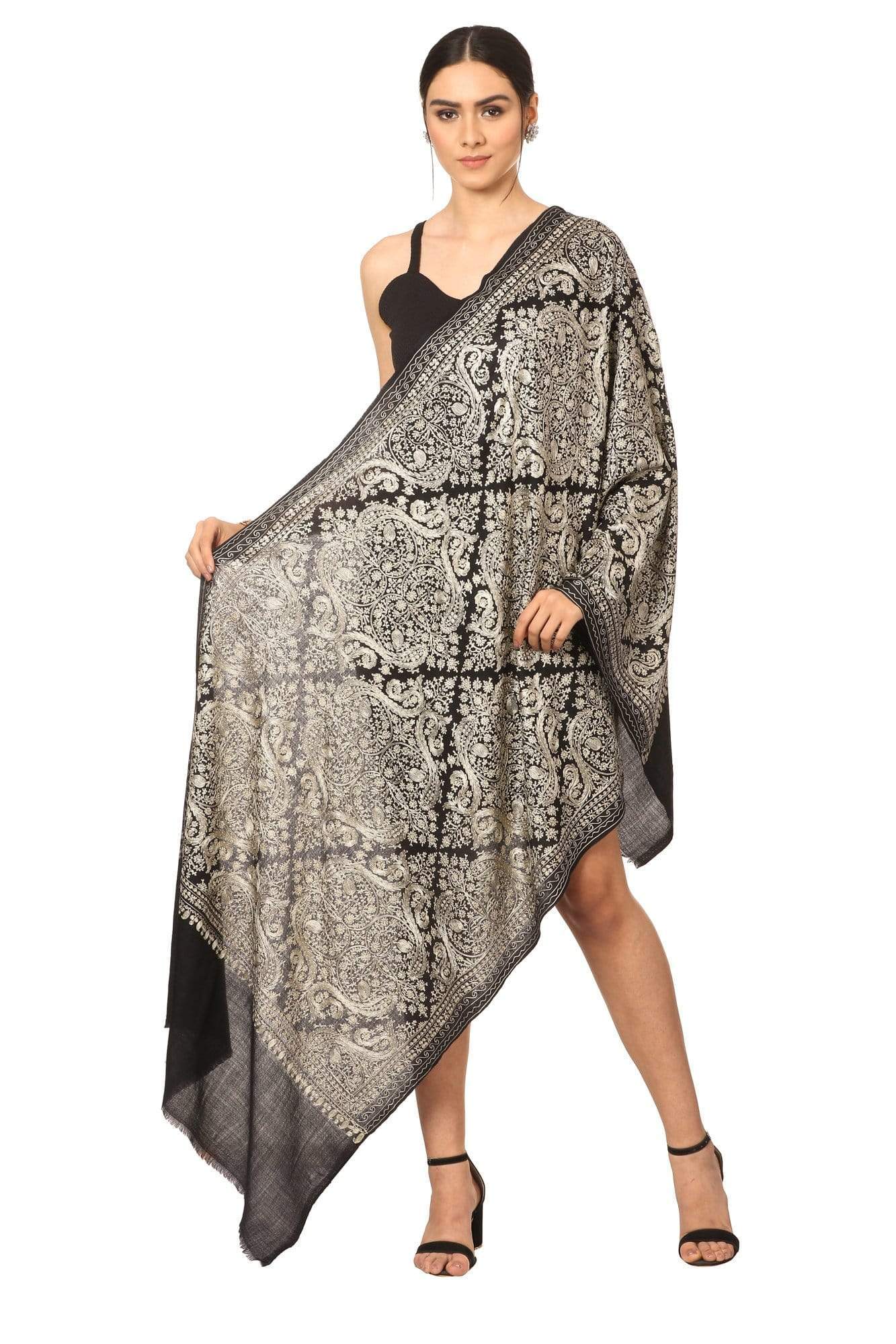 Pashtush Womens Silk-Fine Wool Blended Fine Wool, Nalki Embroidery Needlework Stole, Black - Image 9