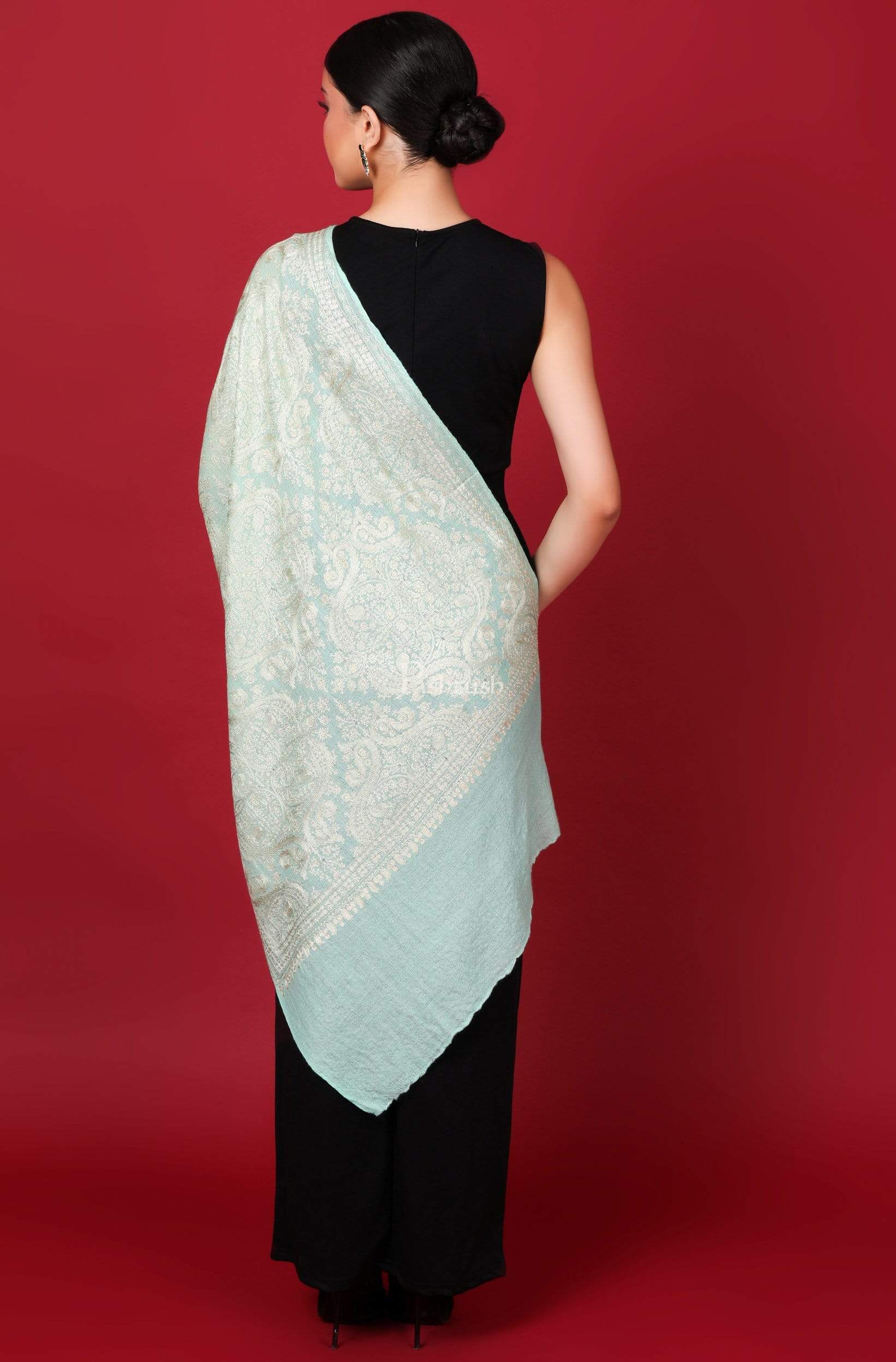 Pashtush Womens Silk-Fine Wool Blended Fine Wool, Nalki Embroidery Needlework Stole, Pistachio Green - Image 5
