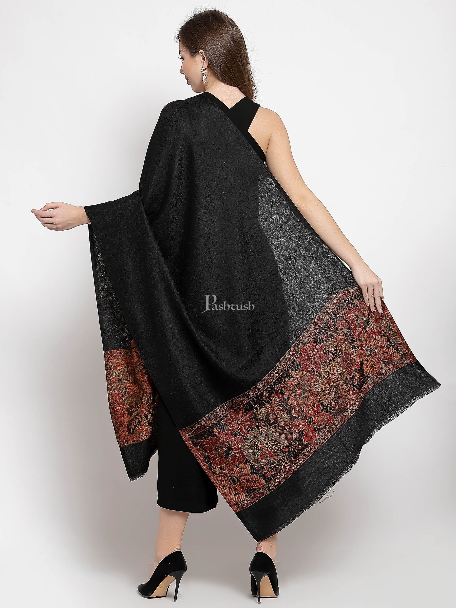 Pashtush Women'S Silk-Wool Reversible Floral Scarf, Soft And Warm Black - Image 3