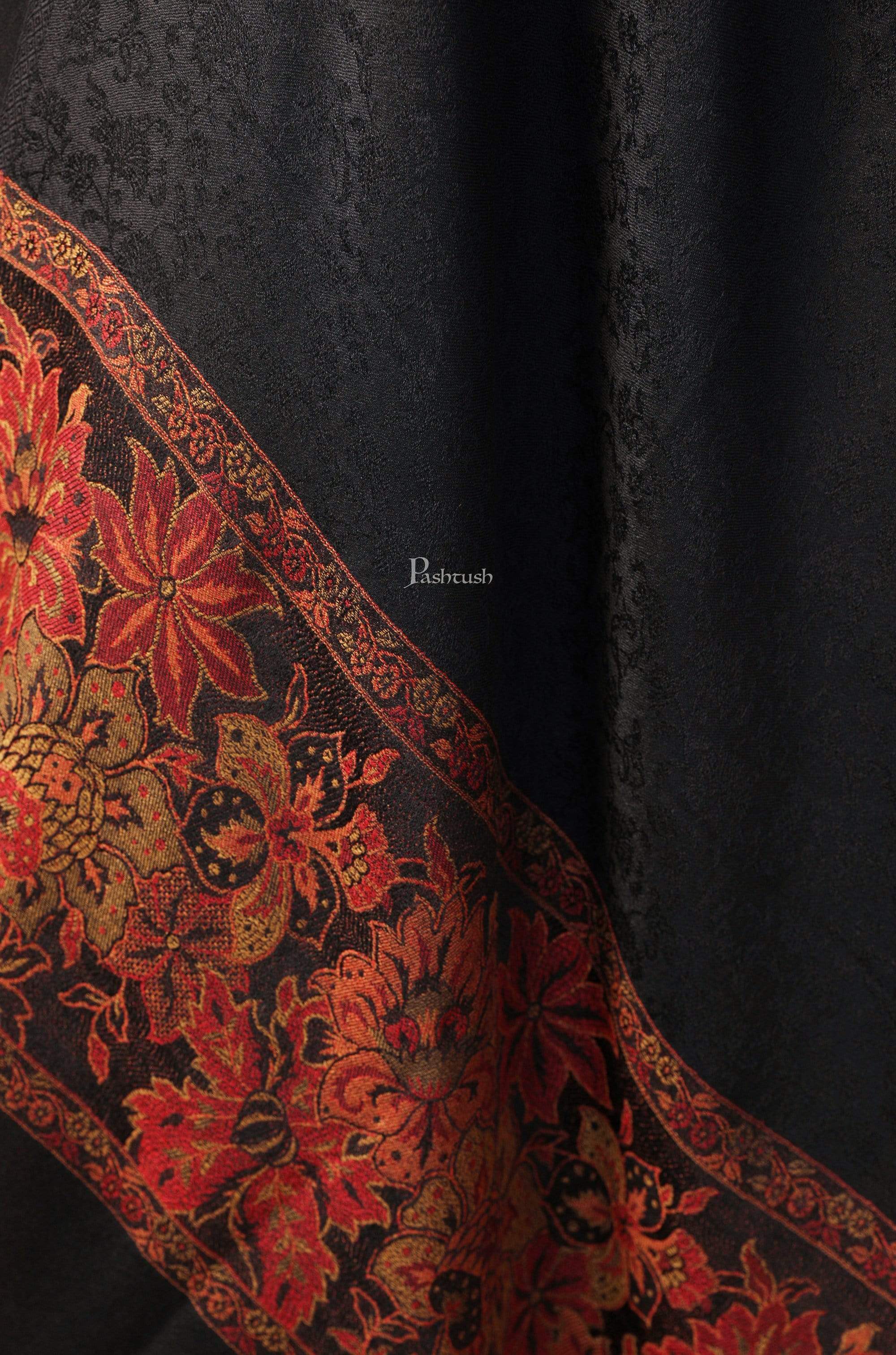 Pashtush Women'S Silk-Wool Reversible Floral Scarf, Soft And Warm Black - Image 2