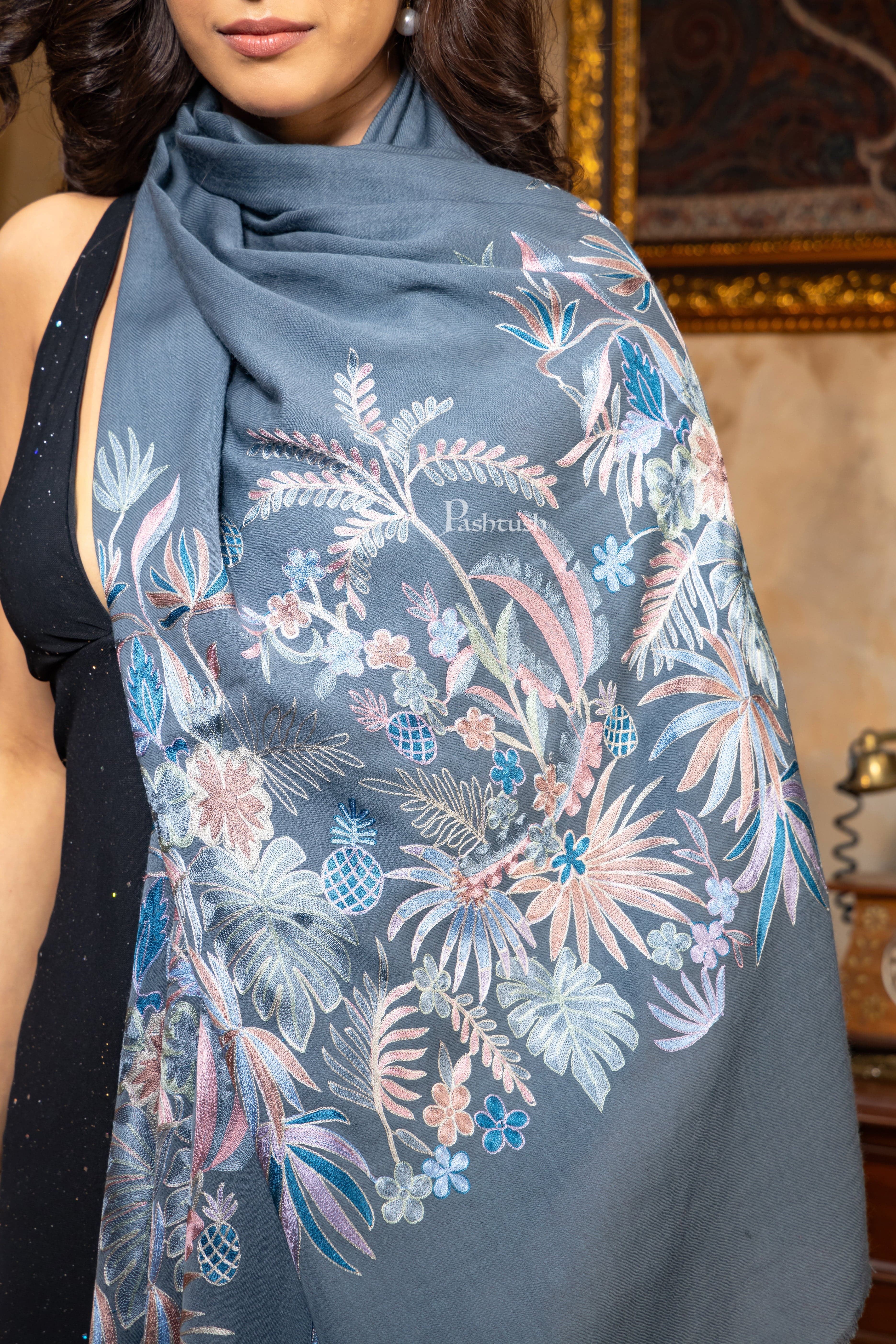 Pashtush Womens Silk Wool Stole, Extra Fine Hand Embroidery, Topical Paradise, Melange Grey - Image 2