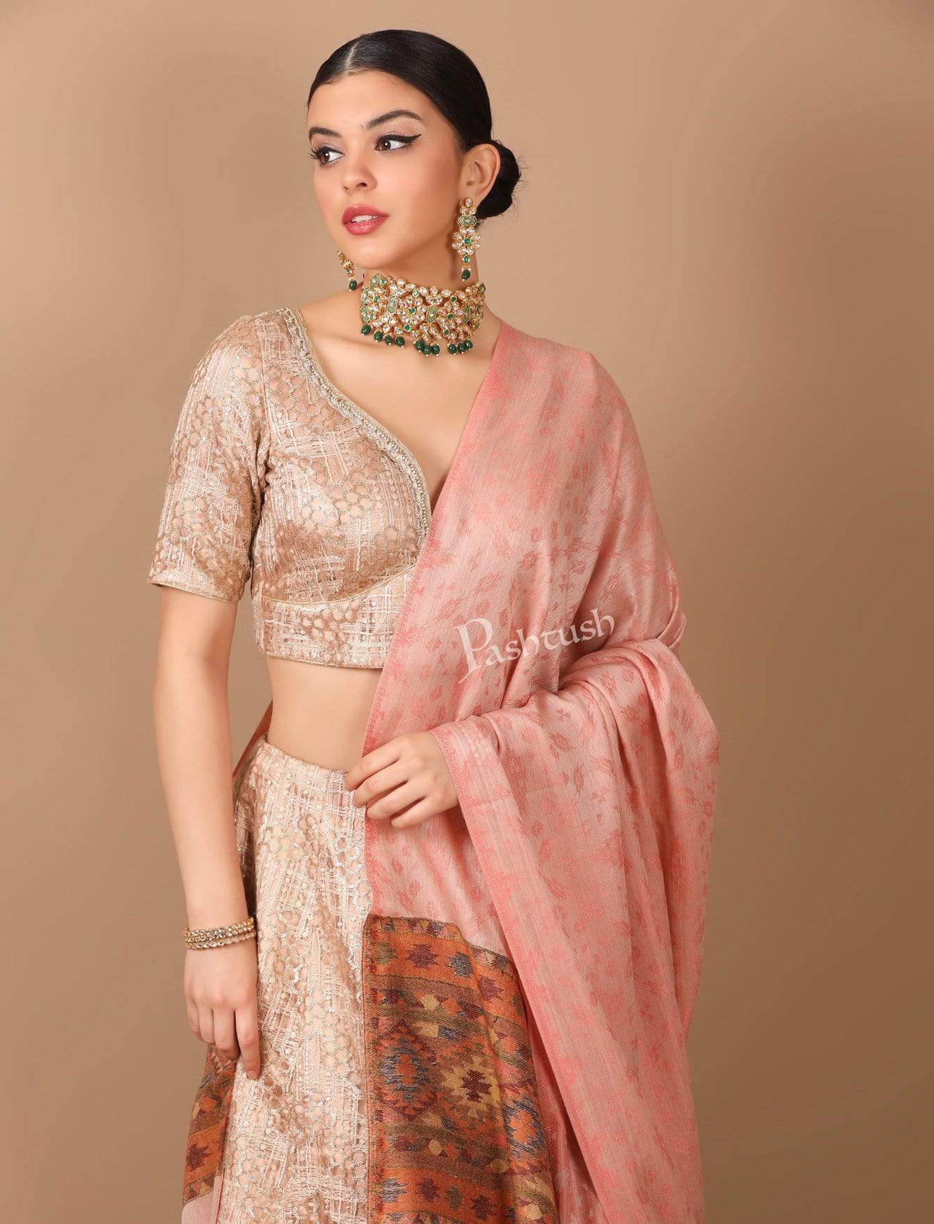 Pashtush Women'S Soft Fine Wool  Shawl With Ethnic Weave Palla, Soft Peach - Image 5