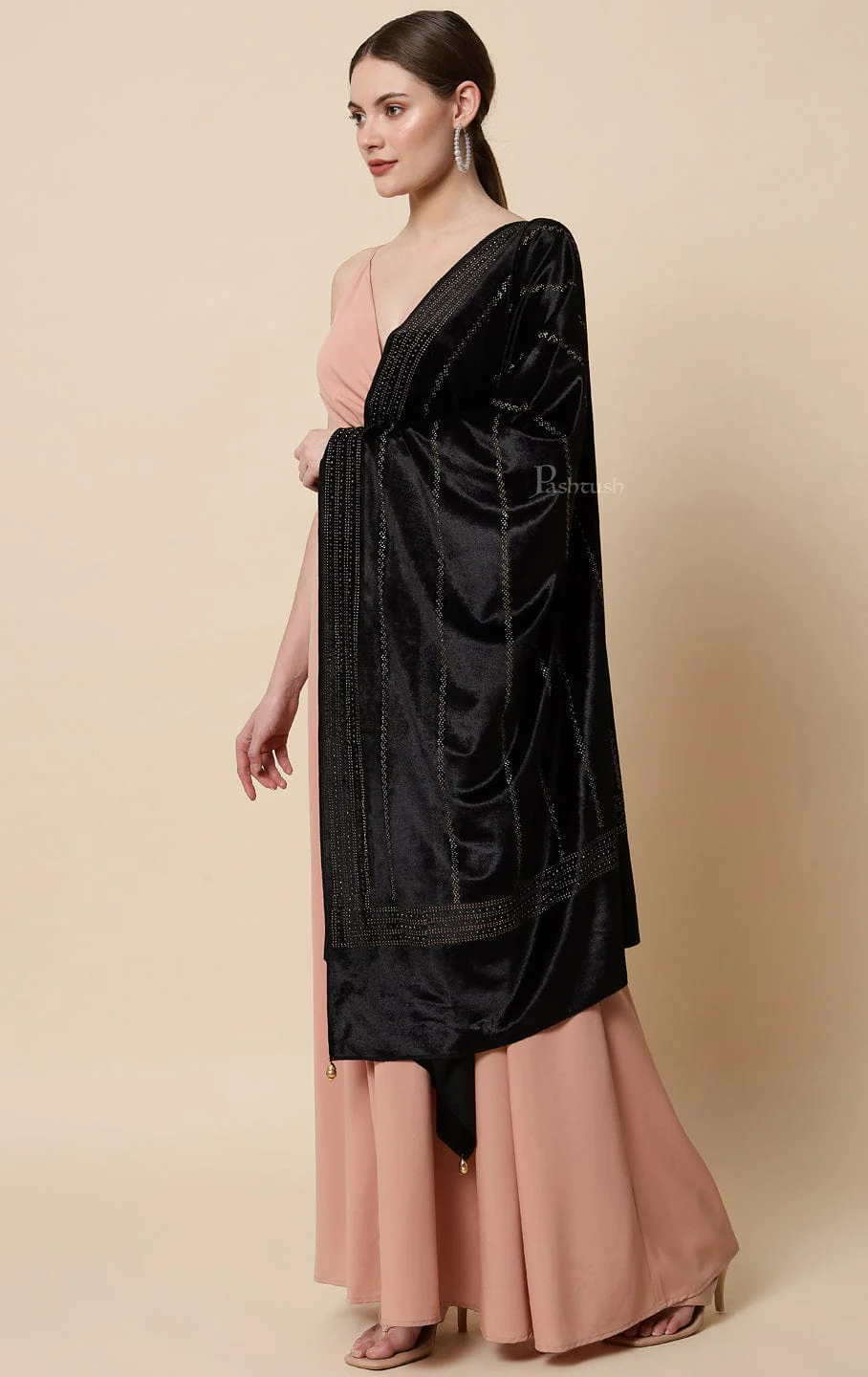 Pashtush Womens Soft Velvet Stole, Embellished With Shimmery Crystal Work, Black - Image 5