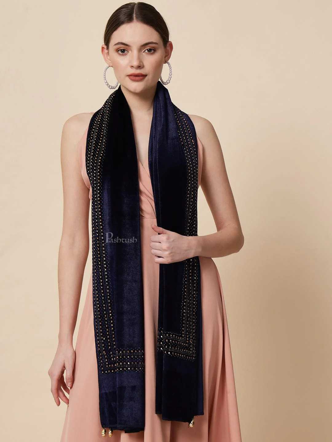 Pashtush Womens Soft Velvet Stole, Embellished With Shimmery Crystal Work, Blue - Image 3