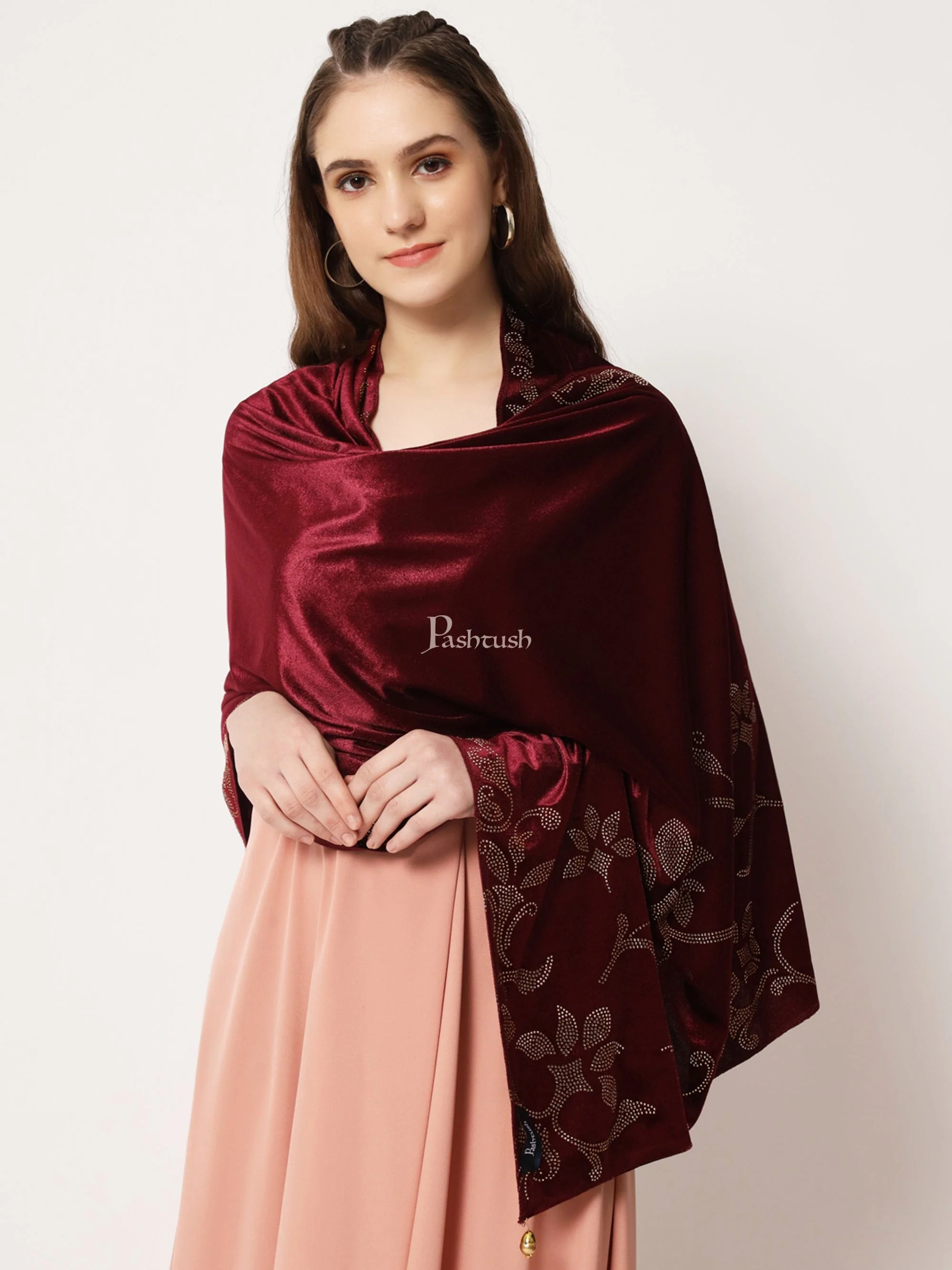 Pashtush Womens Soft Velvet Stole, Embellished With Shimmery Crystal Work, Maroon - Image 5