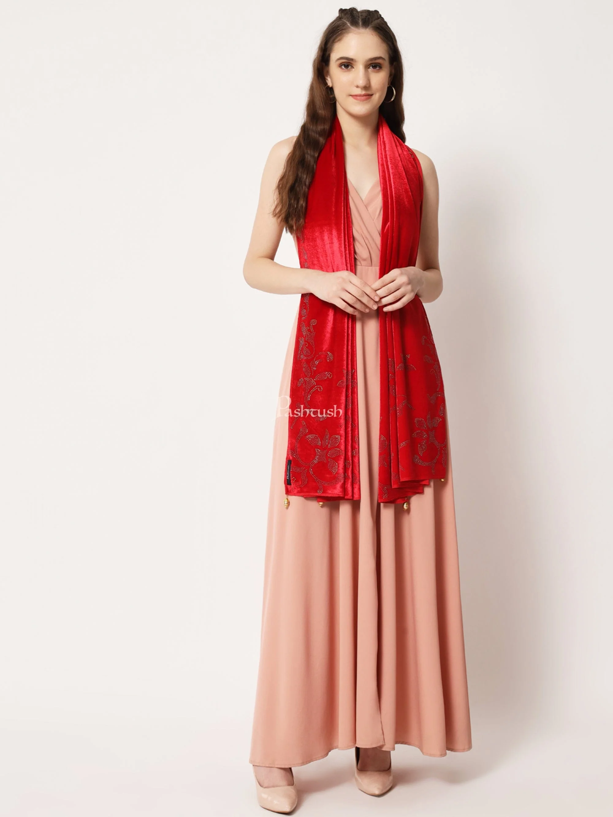 Pashtush Womens Soft Velvet Stole, Embellished With Shimmery Crystal Work, Red - Image 3