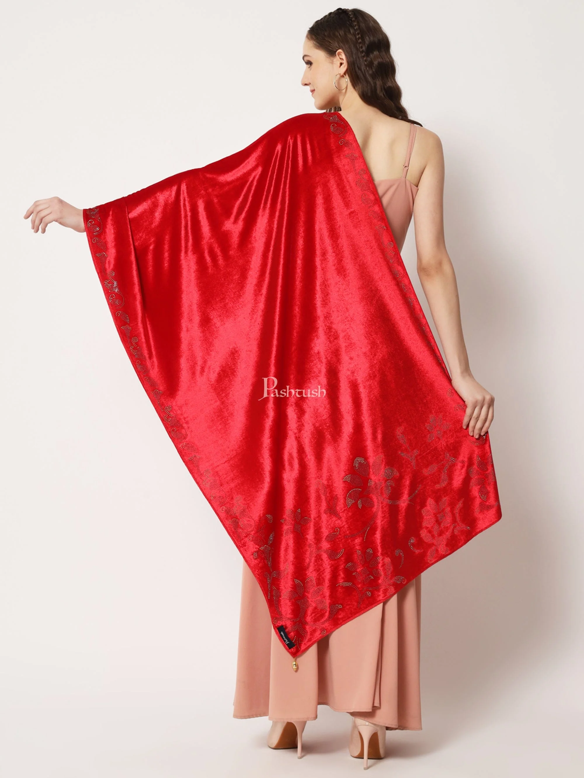 Pashtush Womens Soft Velvet Stole, Embellished With Shimmery Crystal Work, Red - Image 5