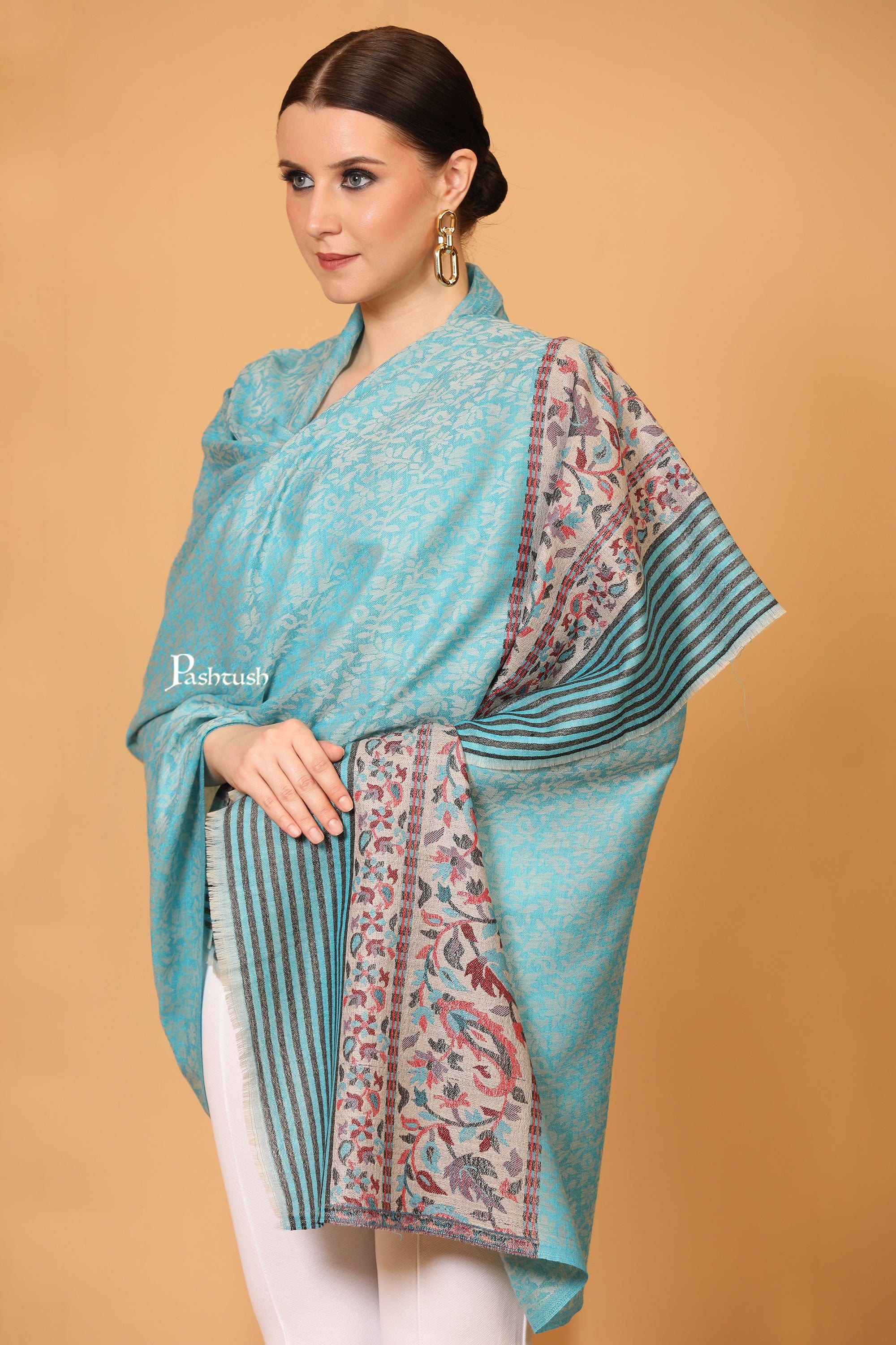 Pashtush Women's Soft Wool Cashmere Blended Shawl, Ethnic Palla, Blue - Image 4