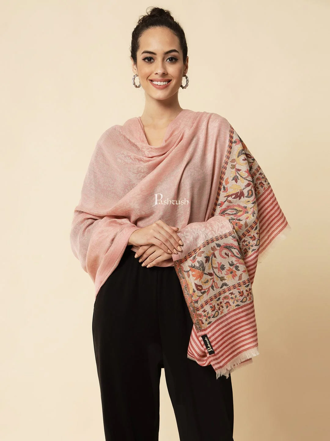 Pashtush Women's Soft Wool Cashmere Blended Shawl, Ethnic Palla, Blush Pink - Image 5