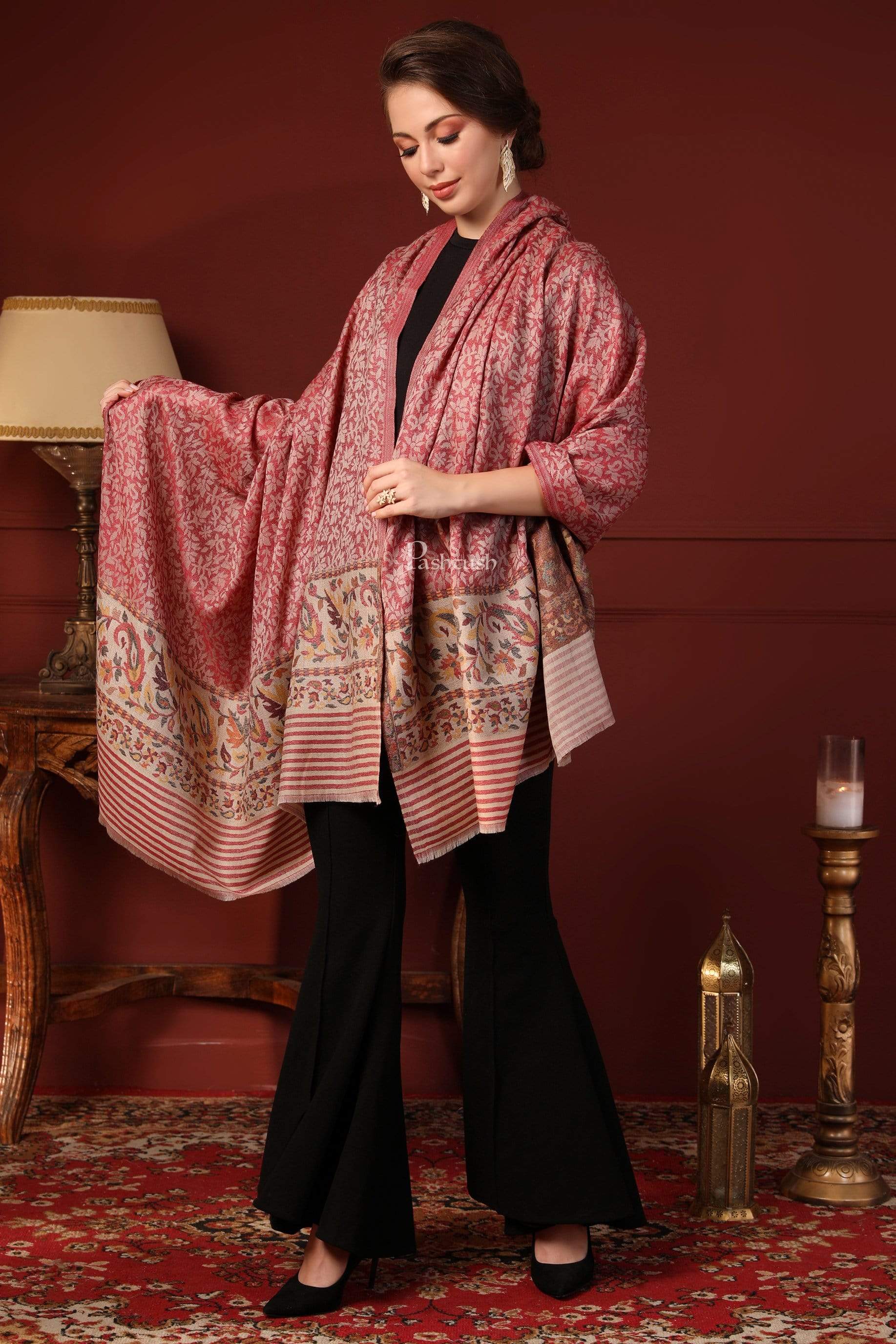 Pashtush Women'S Soft Wool Cashmere Blended Shawl, Ethnic Palla,Red - Image 2