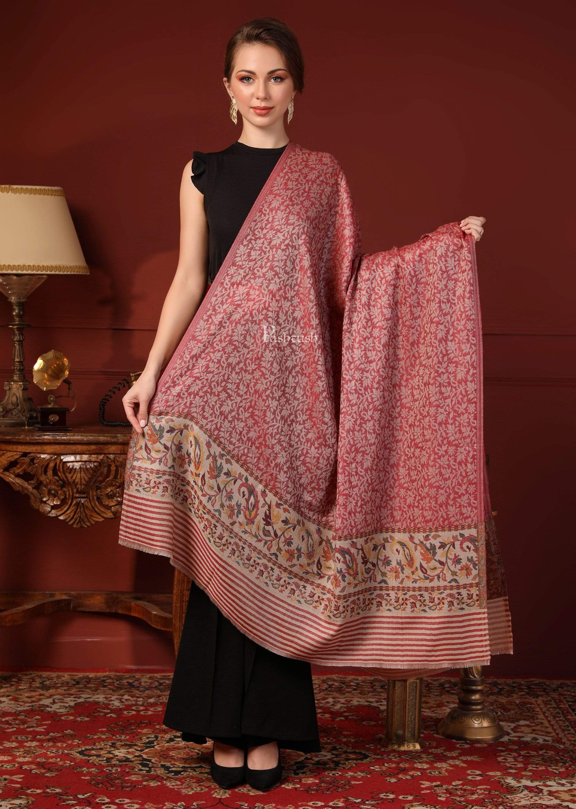 Pashtush Women'S Soft Wool Cashmere Blended Shawl, Ethnic Palla,Red - Image 3